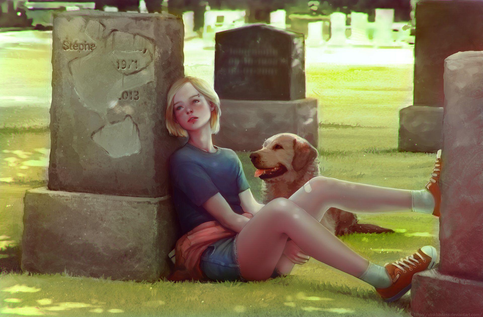 art cemetery tombstone girl dog HD wallpaper