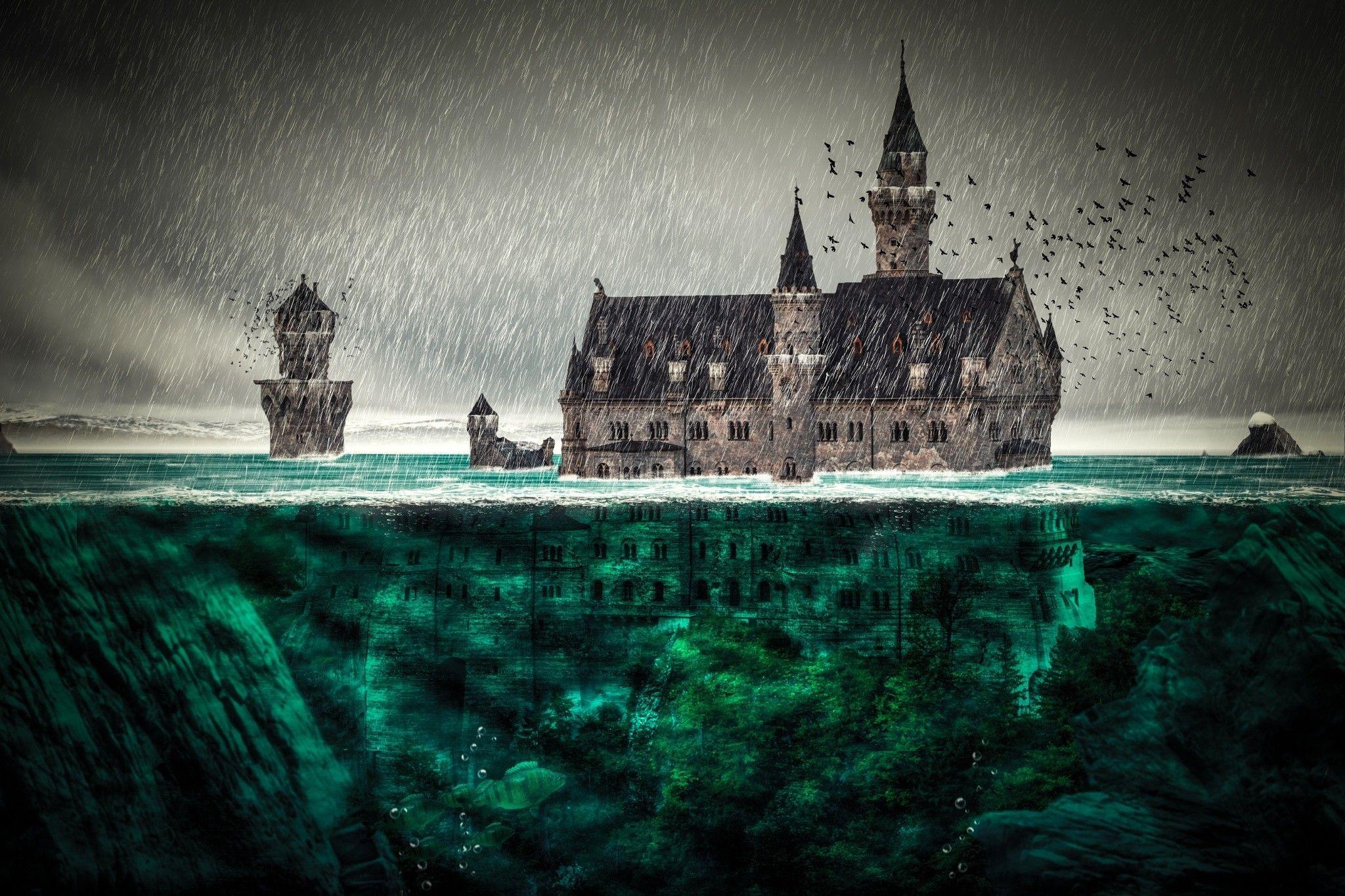 digital Art, Fantasy Art, Architecture, Castle, Flood, Rain, Water