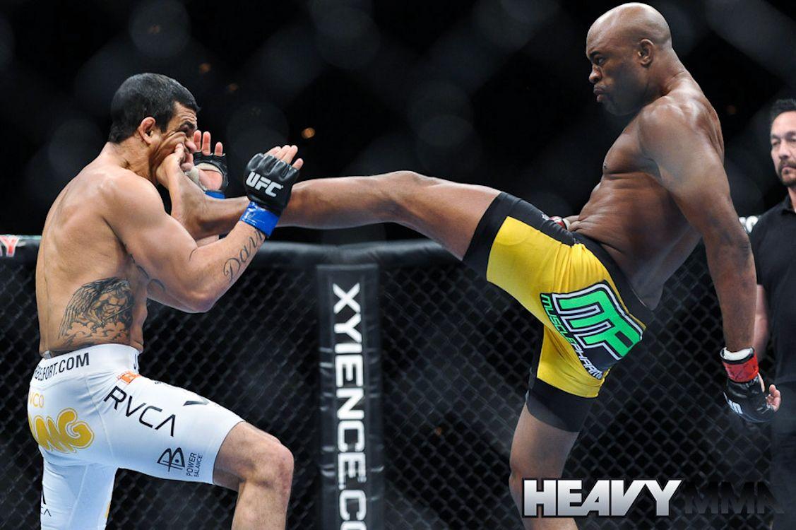 Anderson Silva. Ridiculous push kick knockdown of Vitor Belfort