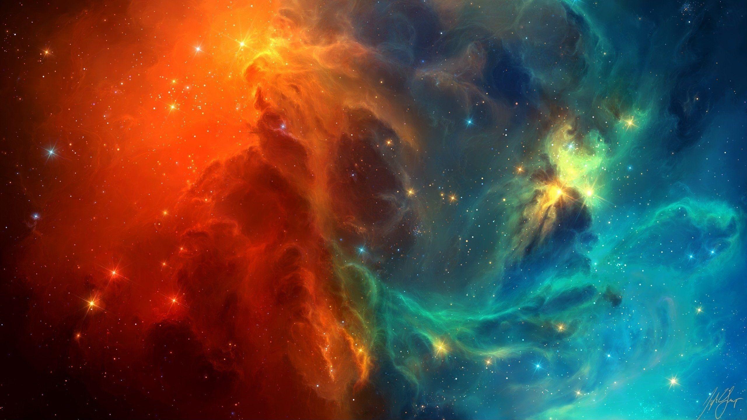 Download 2560x1440 Nebula, Orange, Stars, Blue, Galaxy Wallpapers