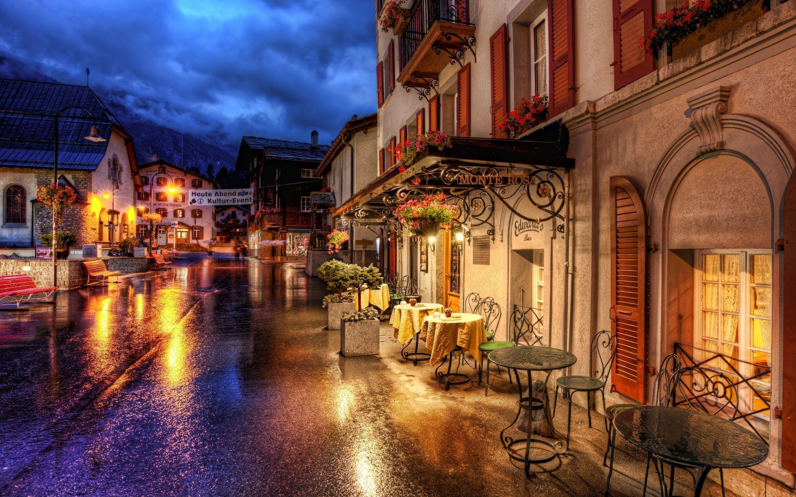 streets, night, lights, houses, towns, Switzerland, reflections