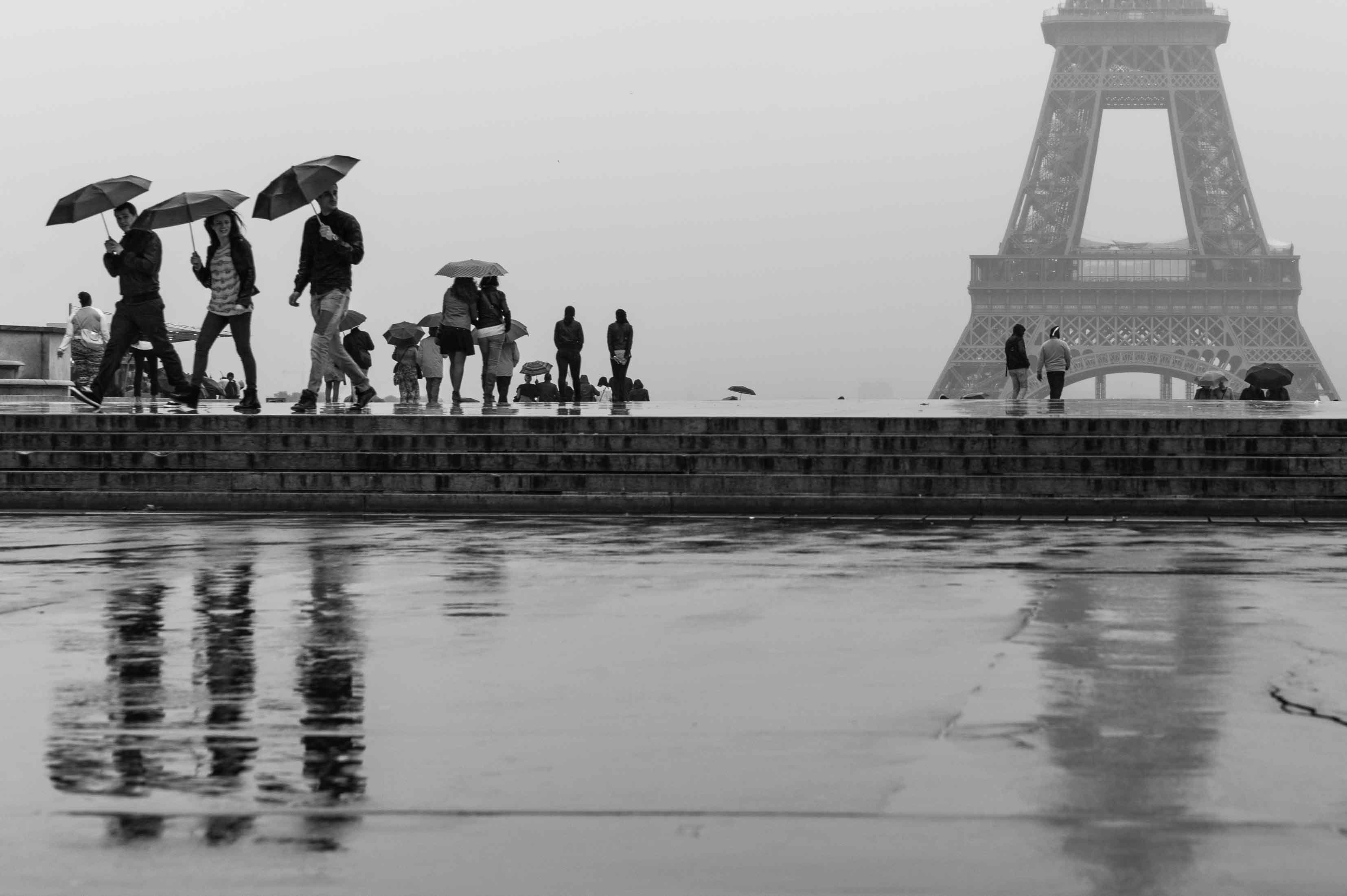 Eiffel Tower in the rain, black and white photo wallpaper