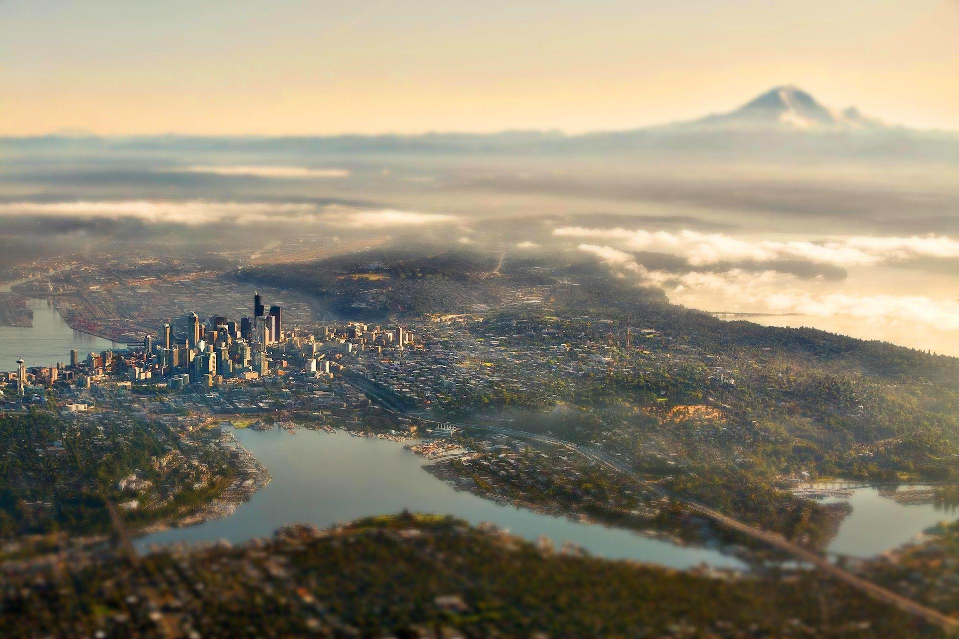 landscape, Nature, Tilt Shift, City, Seattle, Mount Rainier