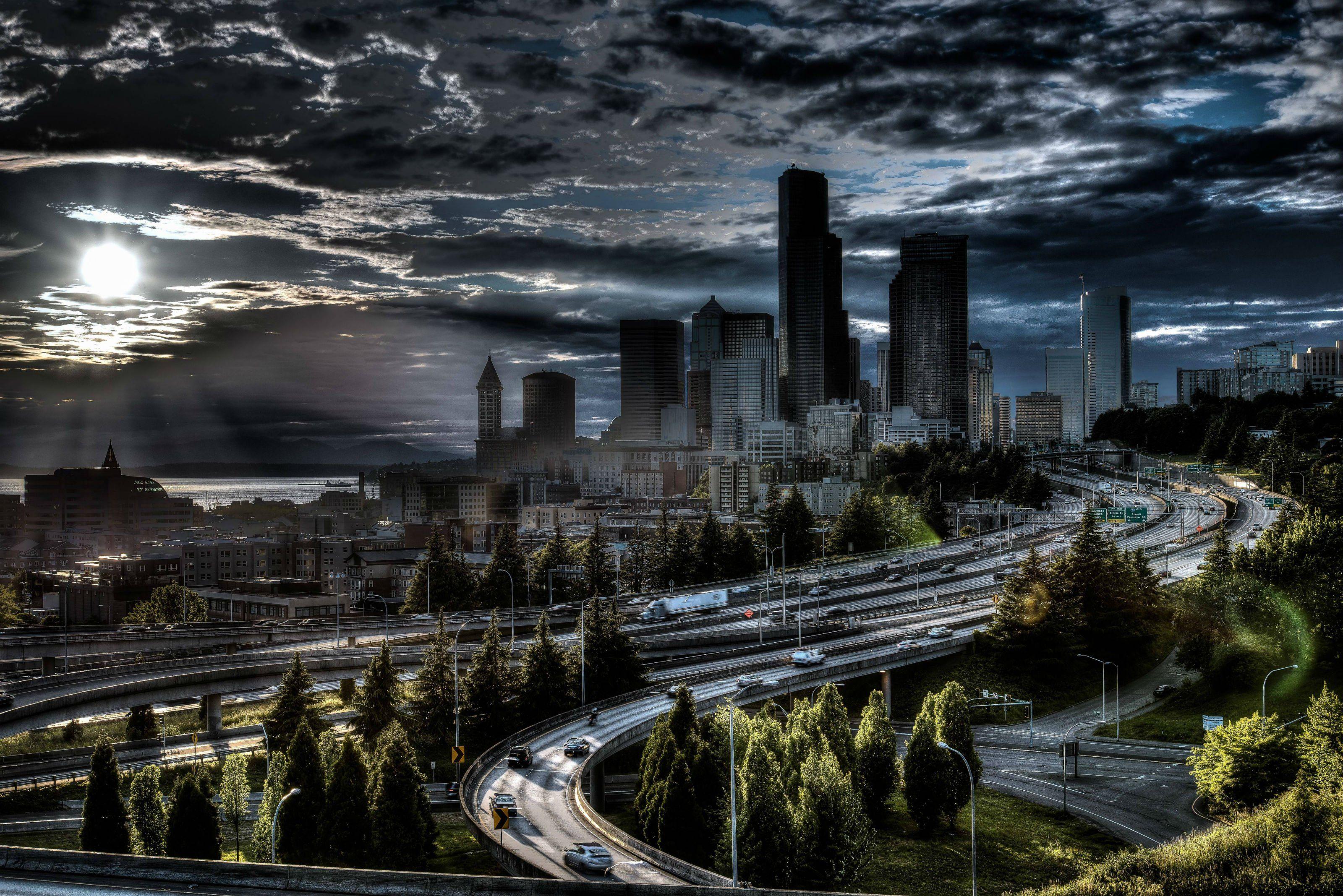 Jose Rizal Park Seattle city sunset hdr night clouds road