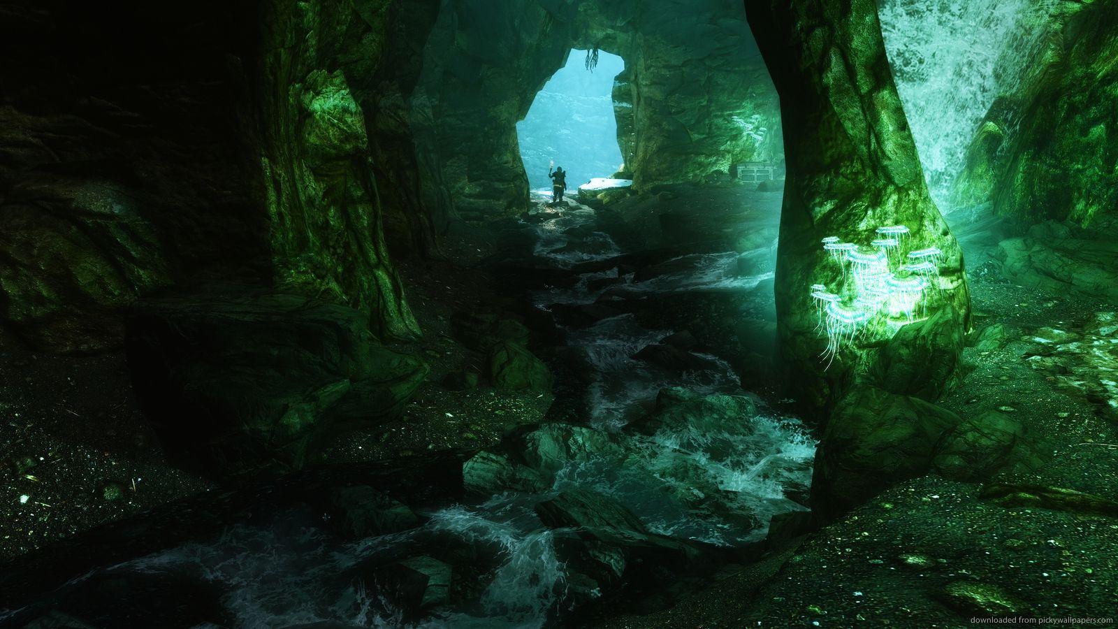Download 1600x900 Skyrim Green Cavern Wallpaper