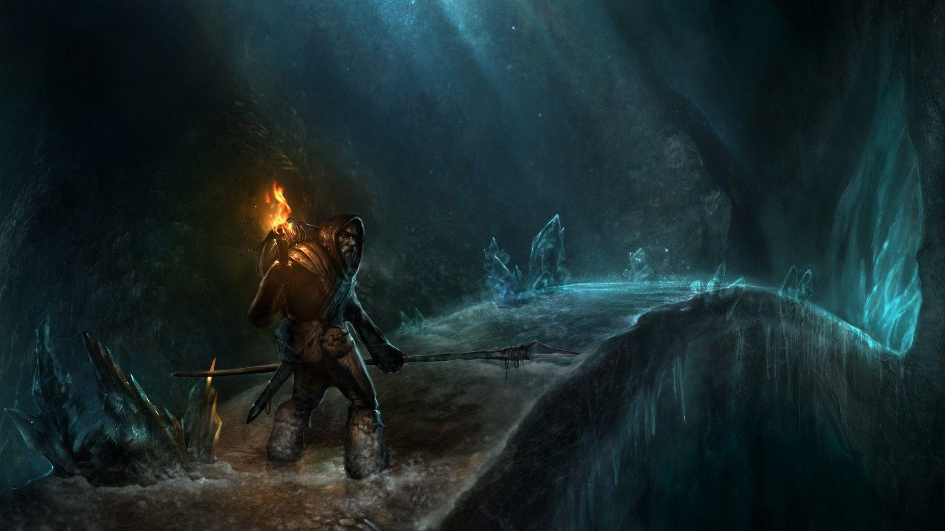 fire, fantasy art, spears, cavern wallpaper