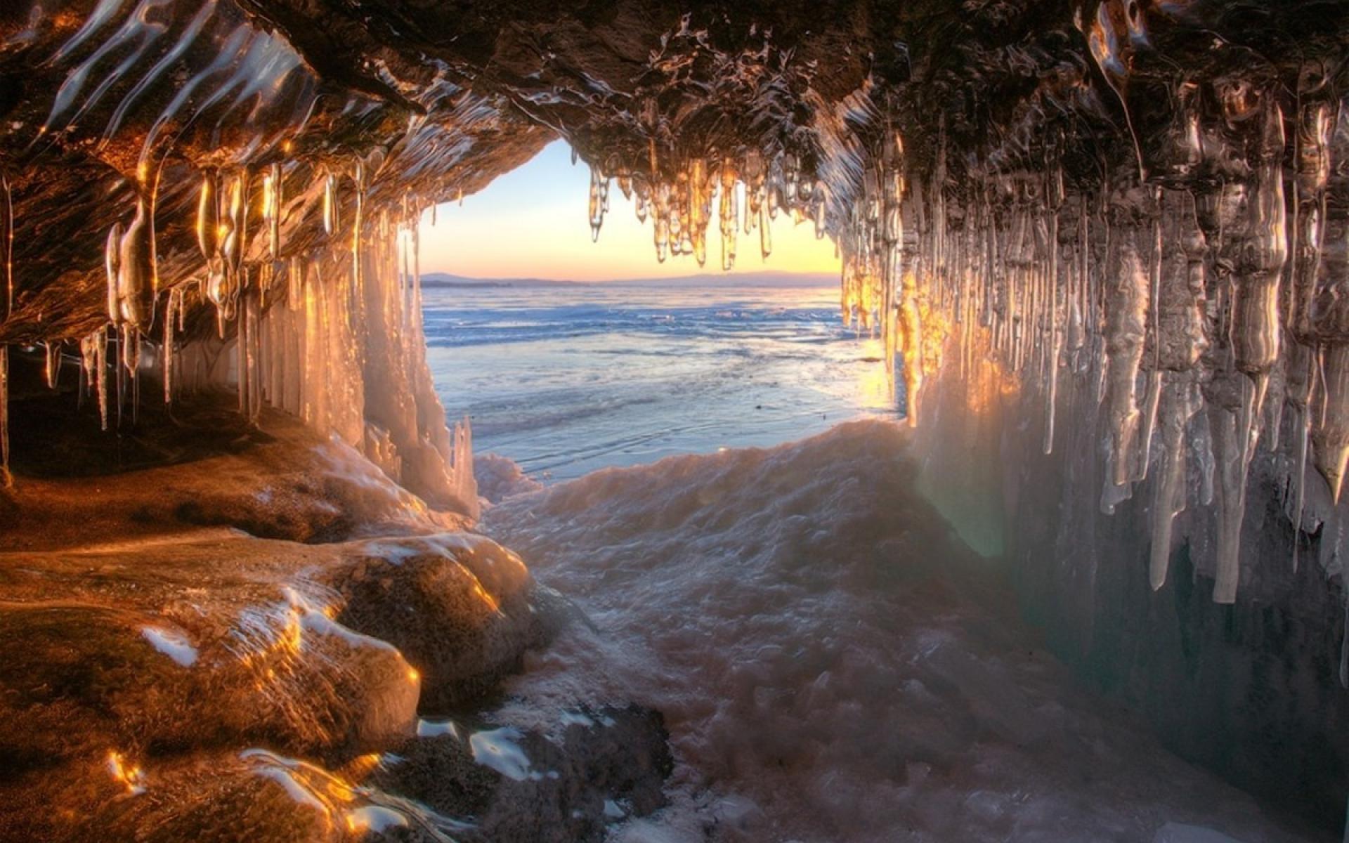 Nature snow white stalactites ice cave cavern wallpaper