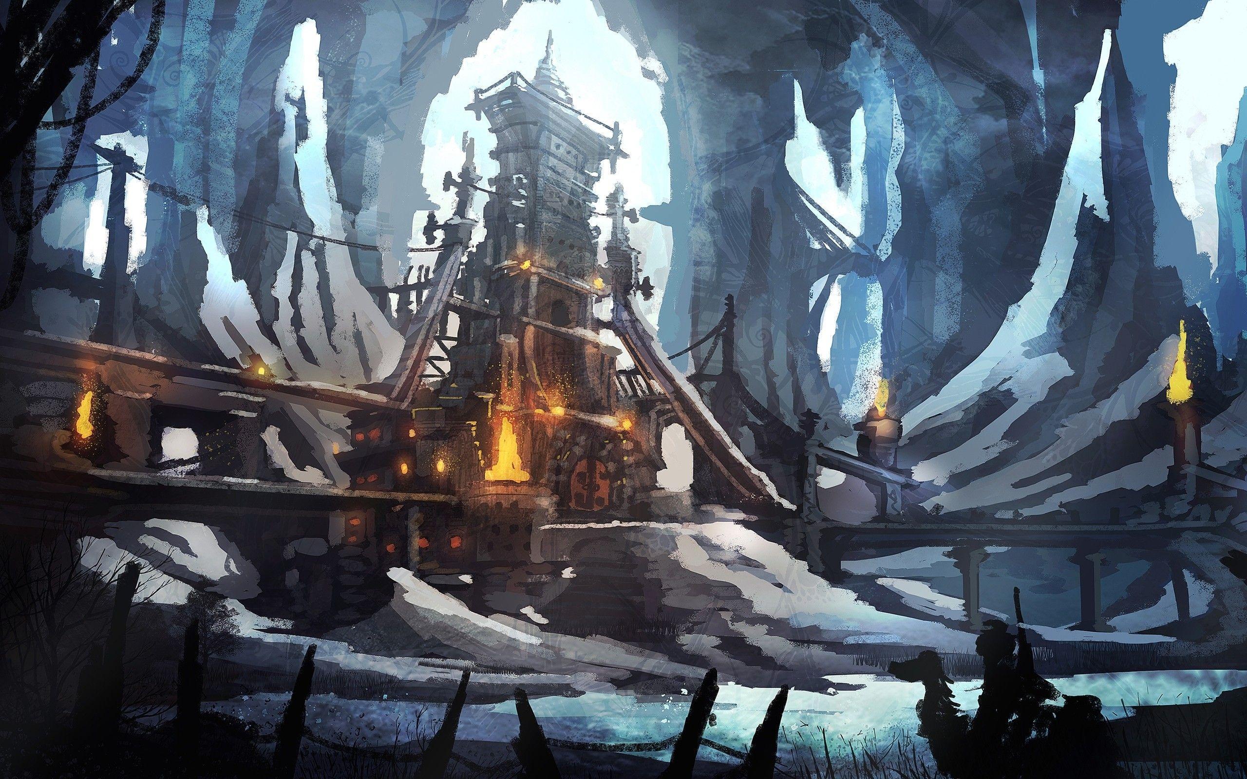 winter, snow, lights, buildings, temples, concept art, artwork