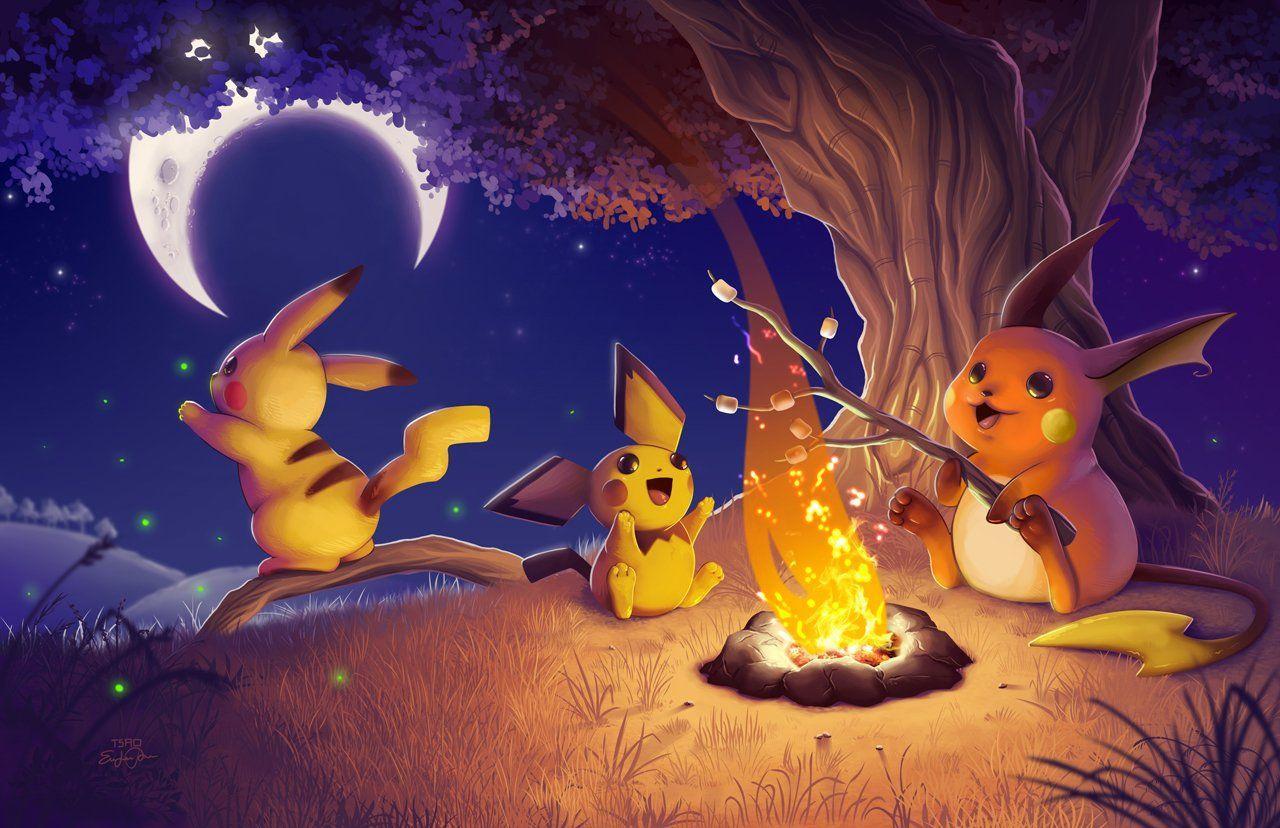 Pichu, Pikachu, and Raichu around a campfire Wallpaper