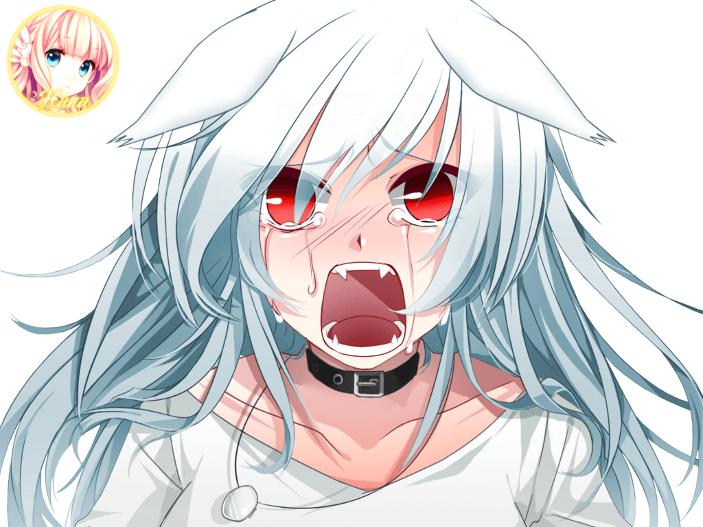 sad anime girl with white hair and red eyes