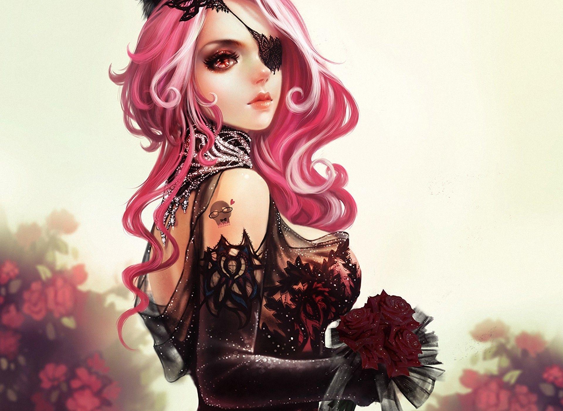anime girl, , pink hair, sad, bouquet, mystery, beauty eyes