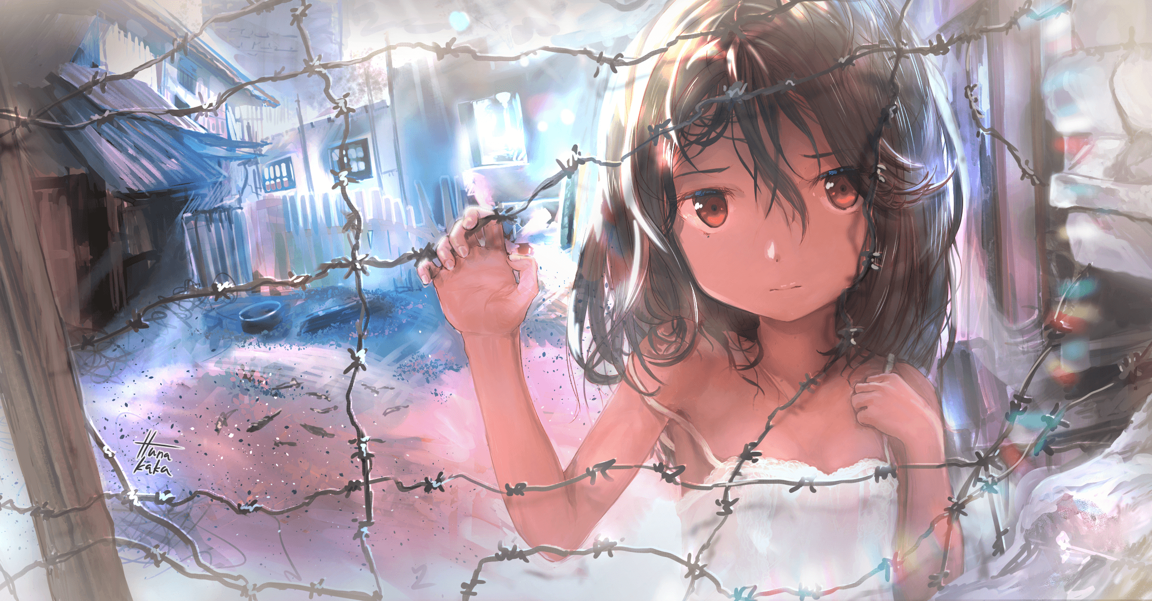 Wallpaper Anime Girl, Fence, Sad Face, Poor