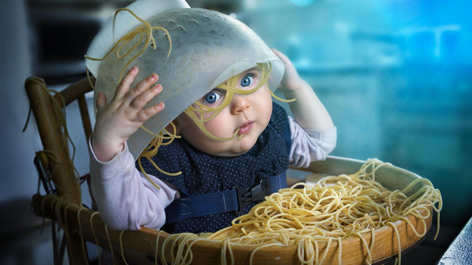 Funny, Baby Eating, Baby, Pasta, Spagetti, Cute Baby