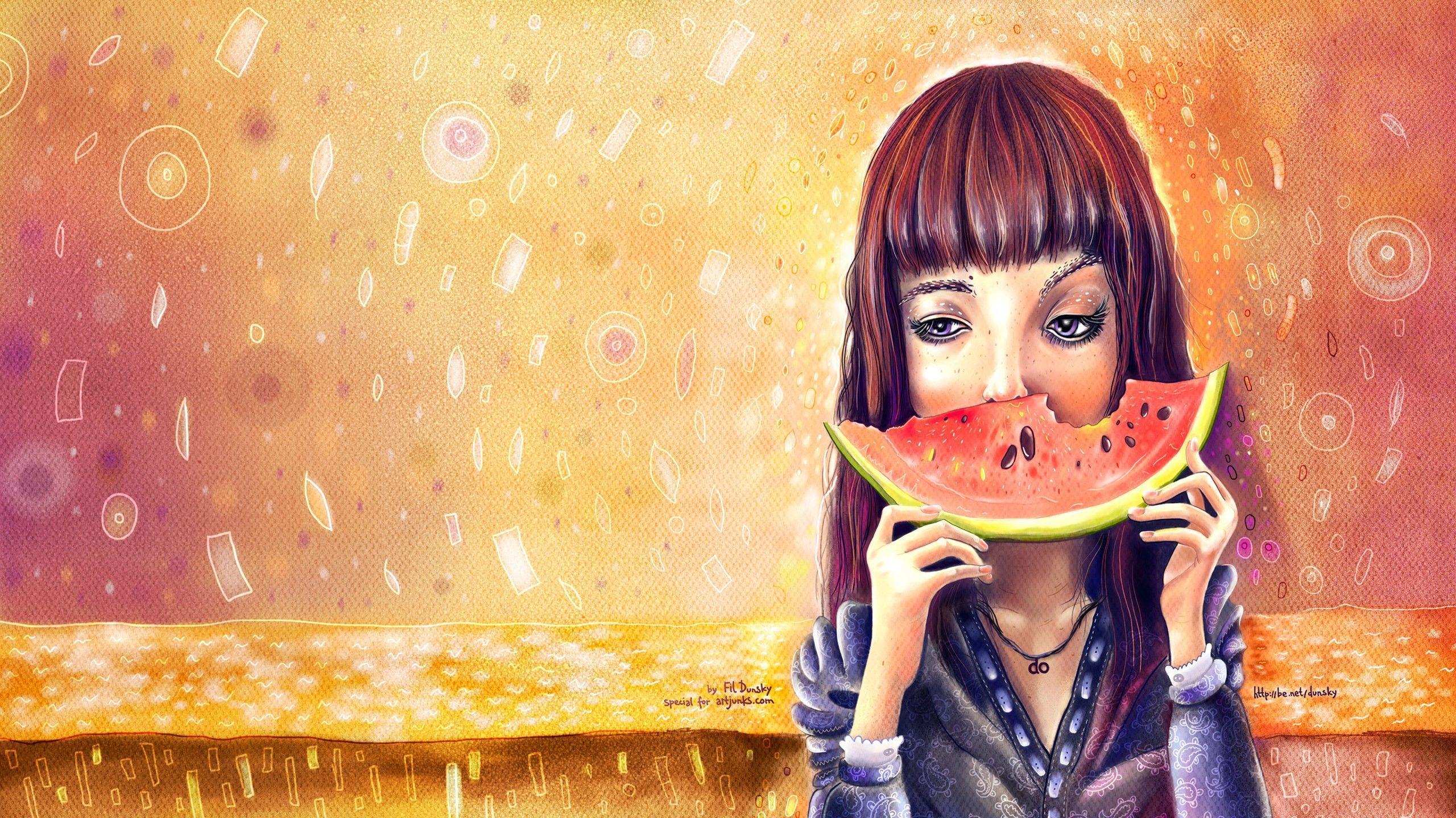 Girl eating watermelon wallpaper and image