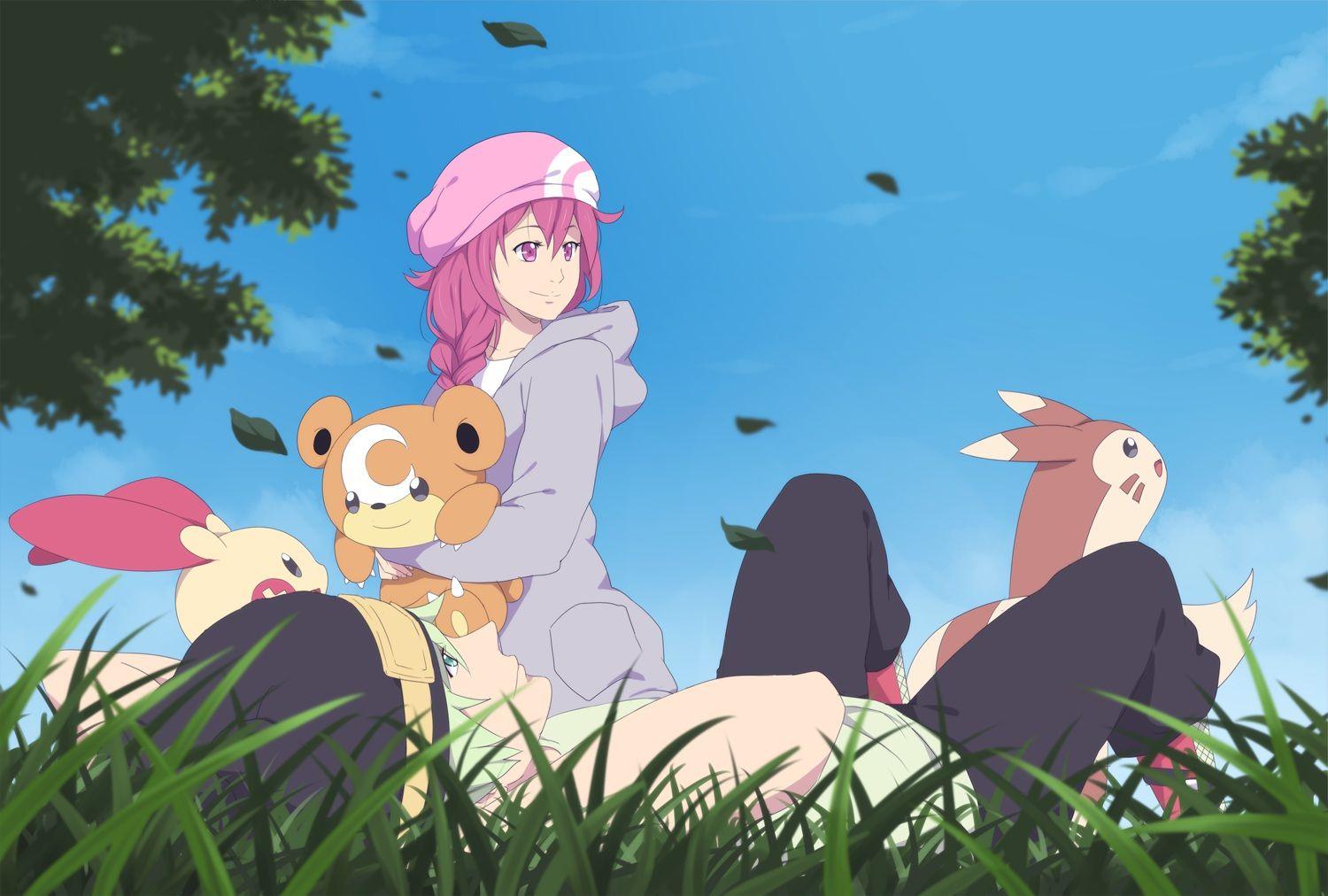 furret grass green eyes green hair hat ichan pink eyes pink hair