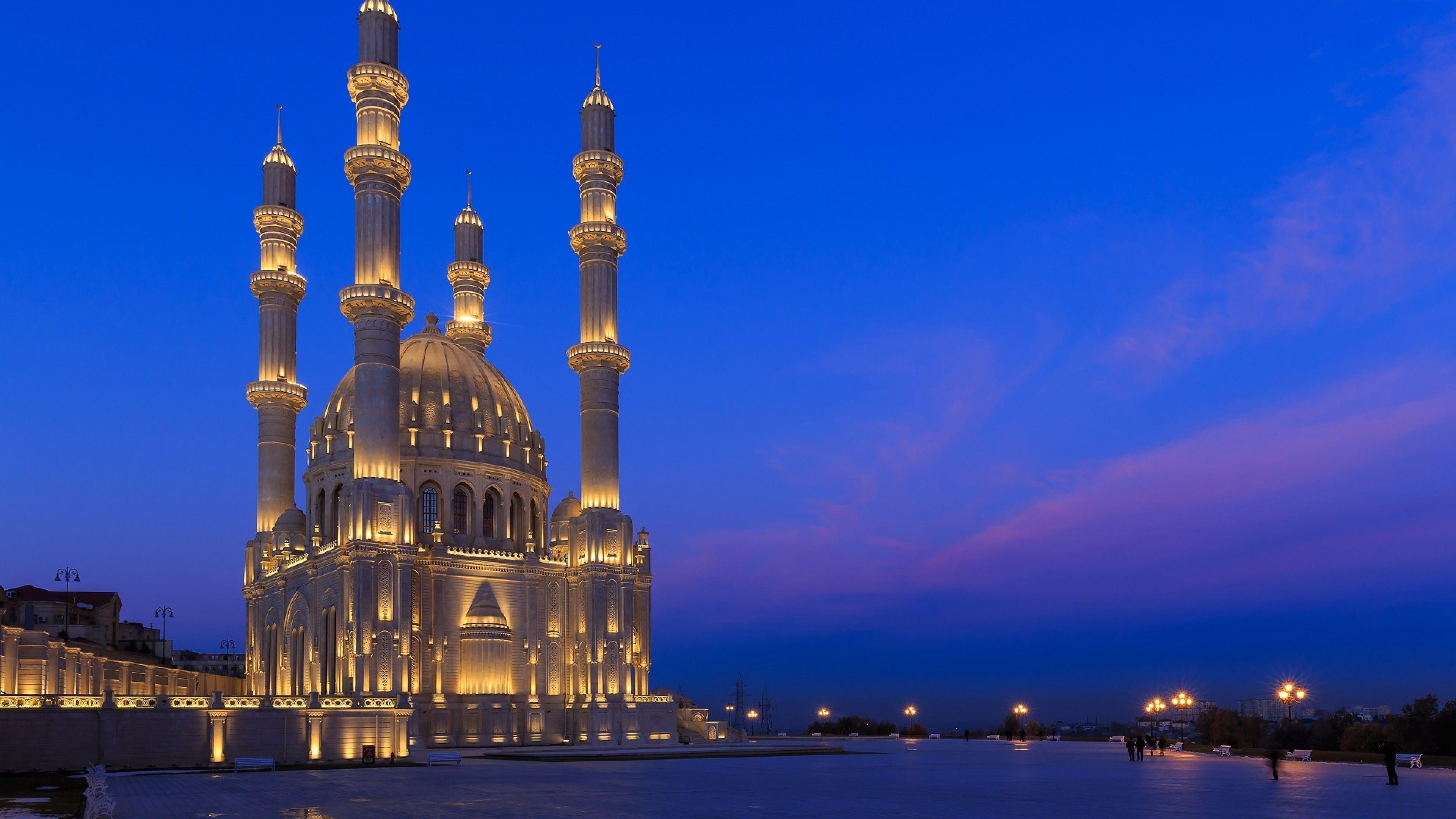 Download 3840x2160 Heydar Mosque, Azerbaijan Baku, Lights, Night