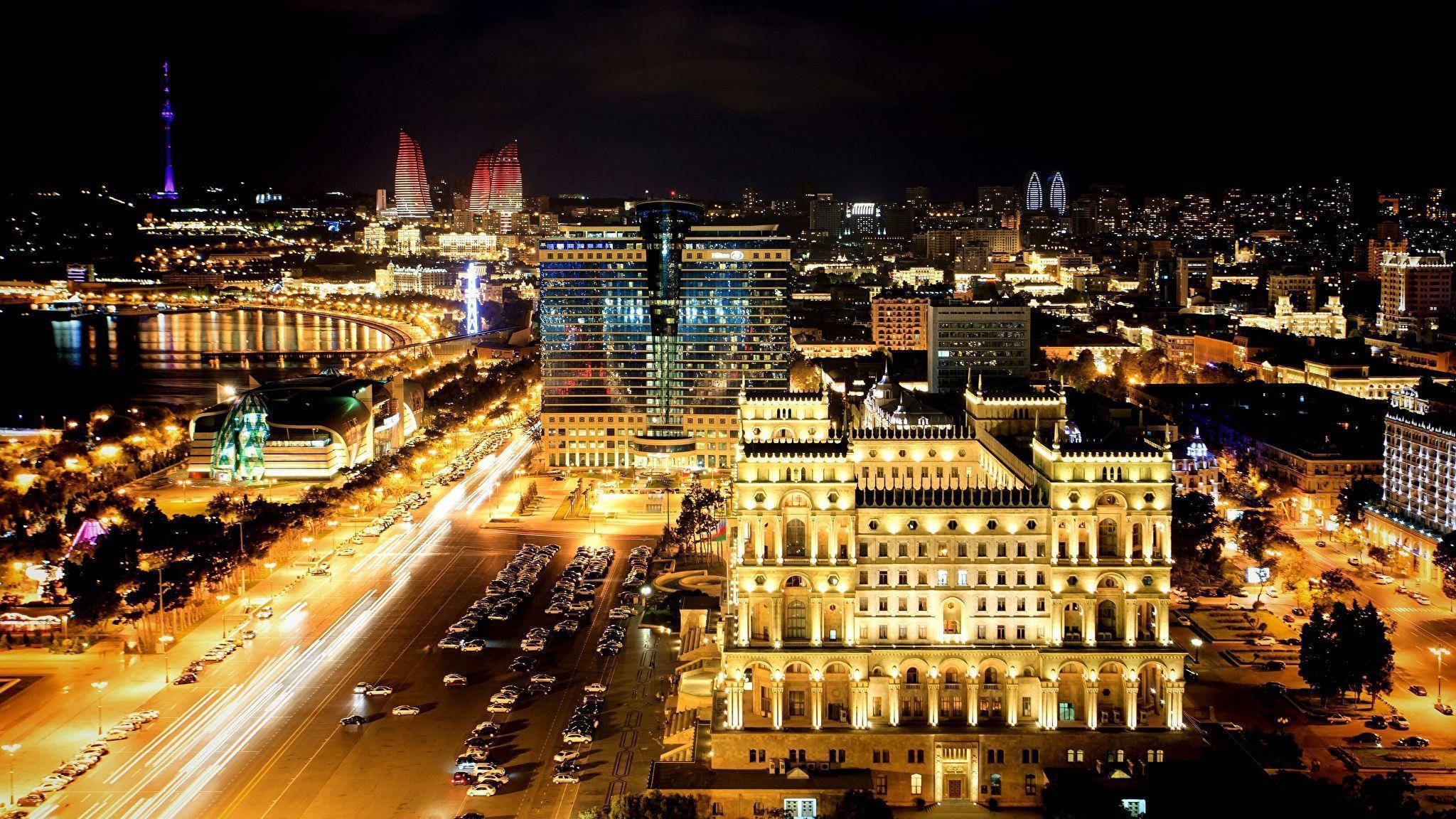 Wallpaper Baku Azerbaijan night time Cities Building 2048x1152