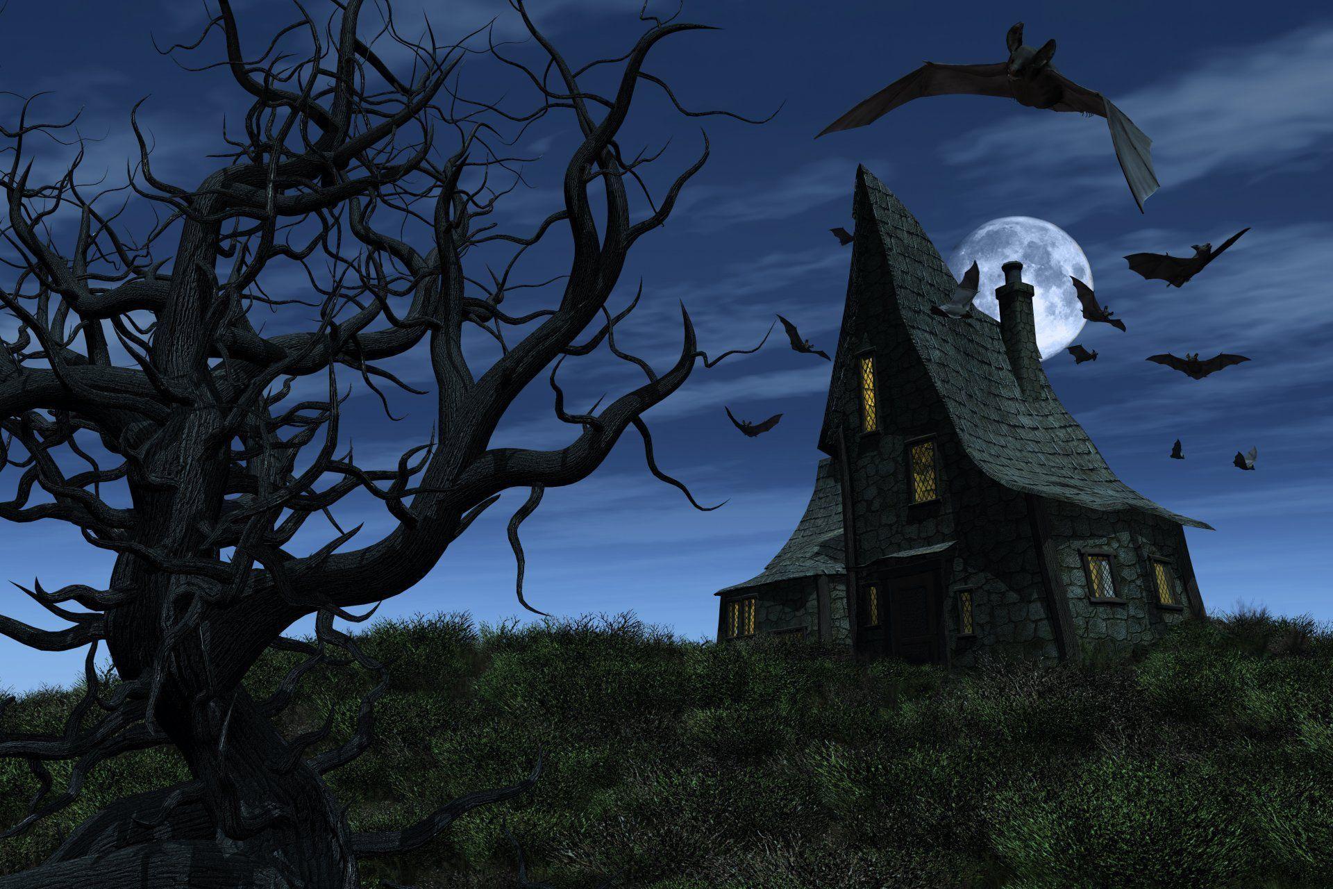 halloween scary haunted house bats full moon creepy tree scared