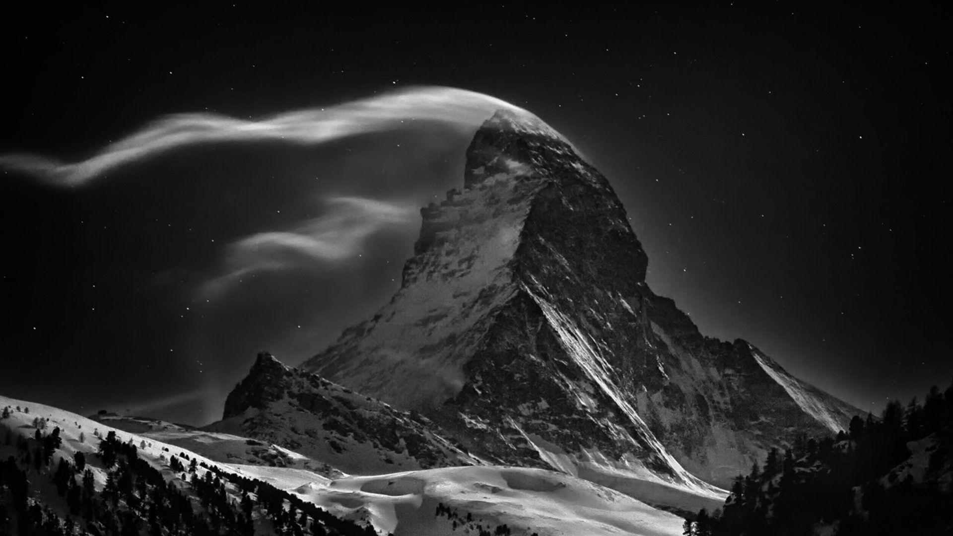 Mountain: Stars Windy Matterhorn Clouds Wind Mountain Black White