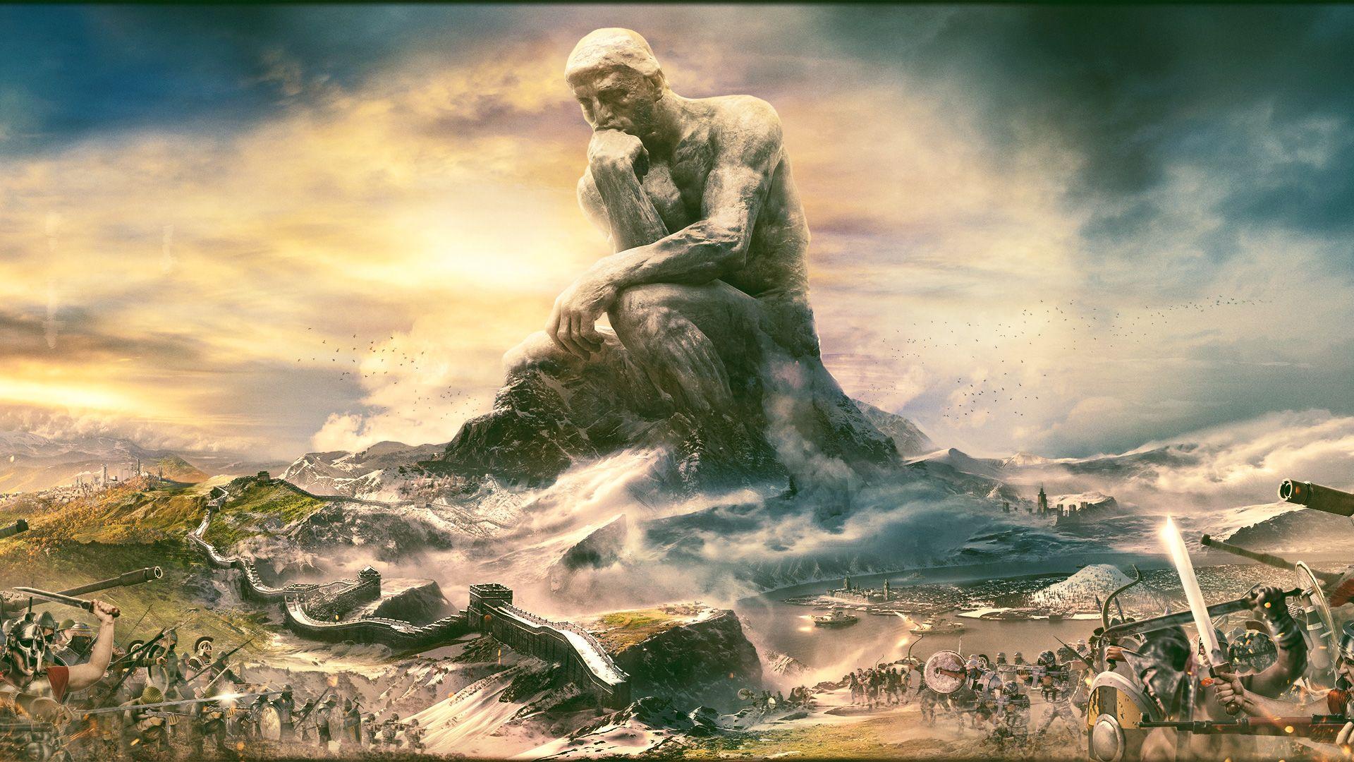 The Thinker above the eras of mankind VI wallpaper