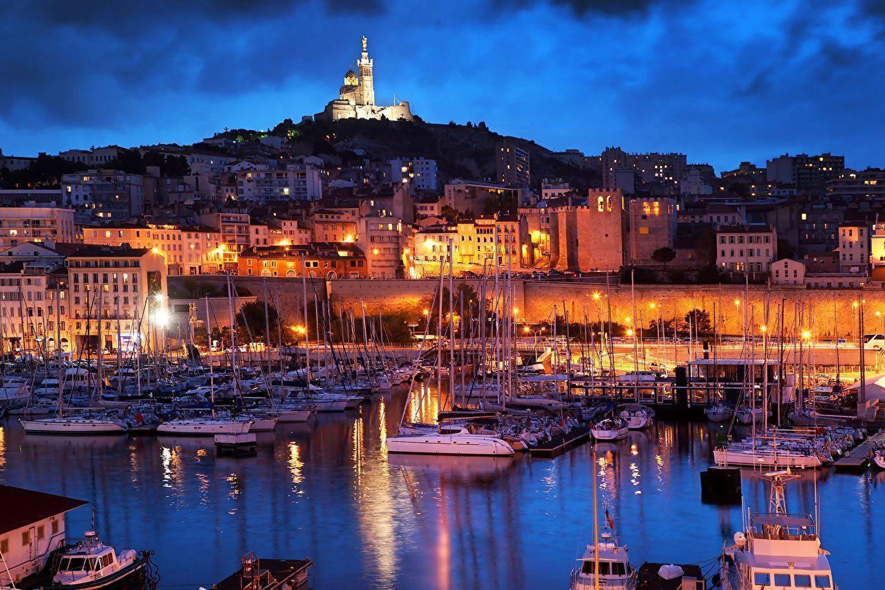 Photos Marseille France Ships Berth Sailing night time Street lights