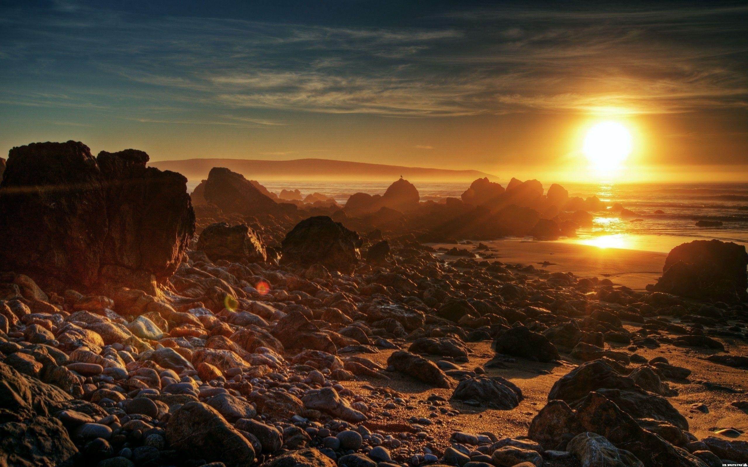 rock, Coast, Sunset, Beach, Landscape, Sunlight Wallpaper HD