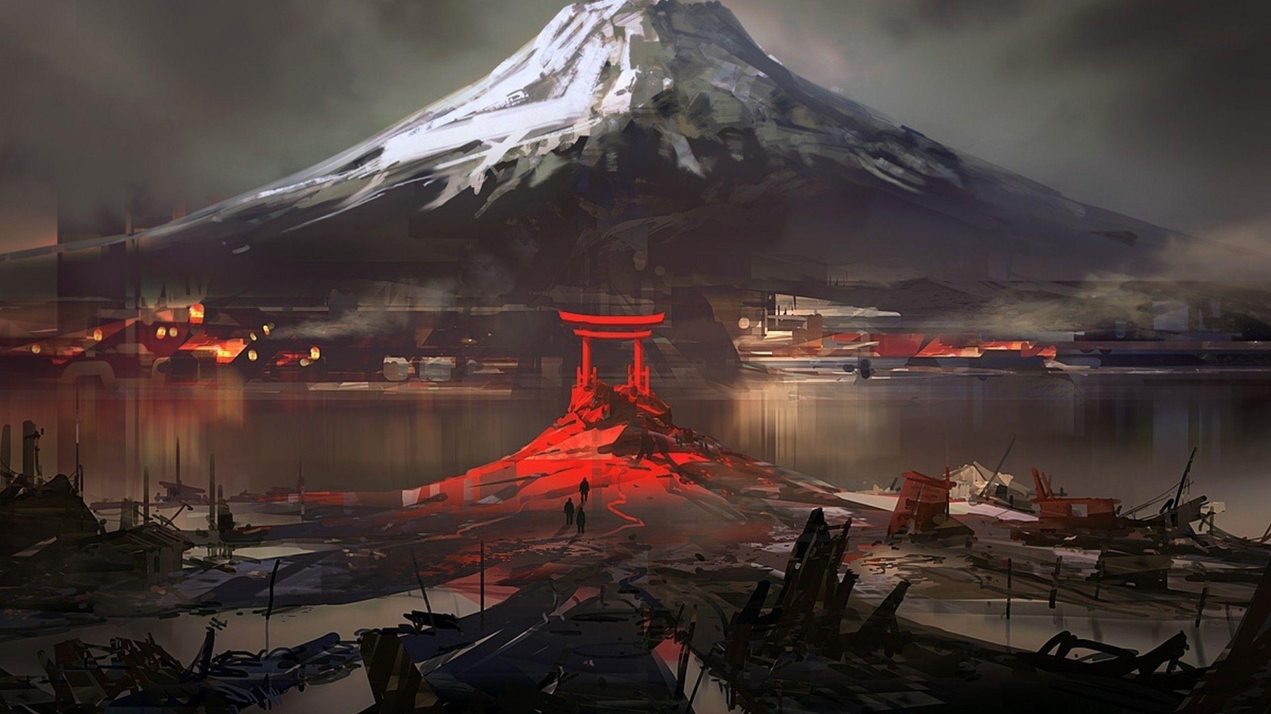 Download 2560x1440 Mount Juji, Apocalyptic, Painting, Artwork