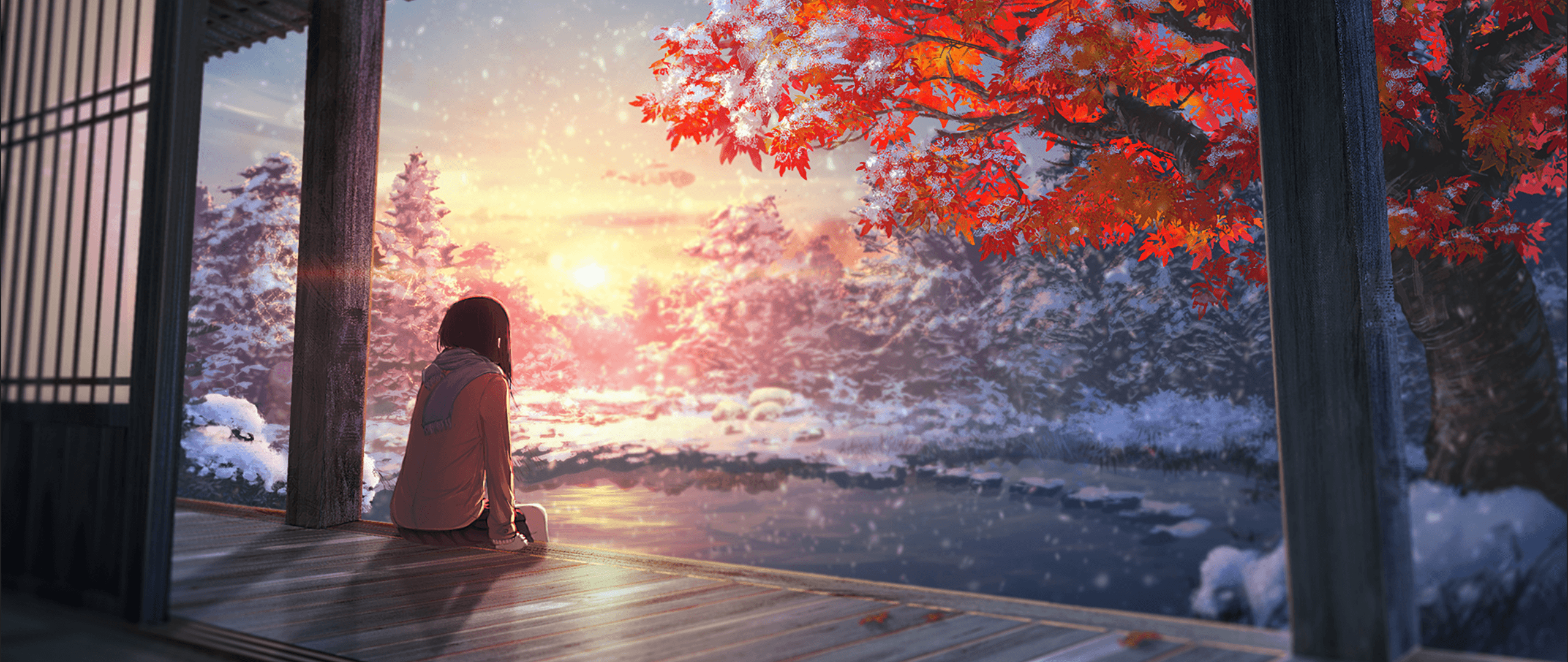 ultra wide, Japan, Anime girls, Artwork, Snow, Sunlight Wallpaper
