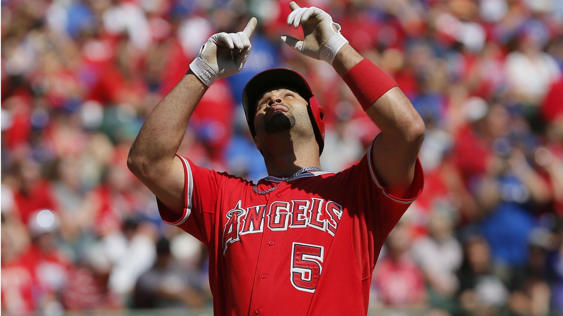 Albert Pujols, Los Angeles Angels, MLB, Dominican baseball player, red  stone background, HD wallpaper