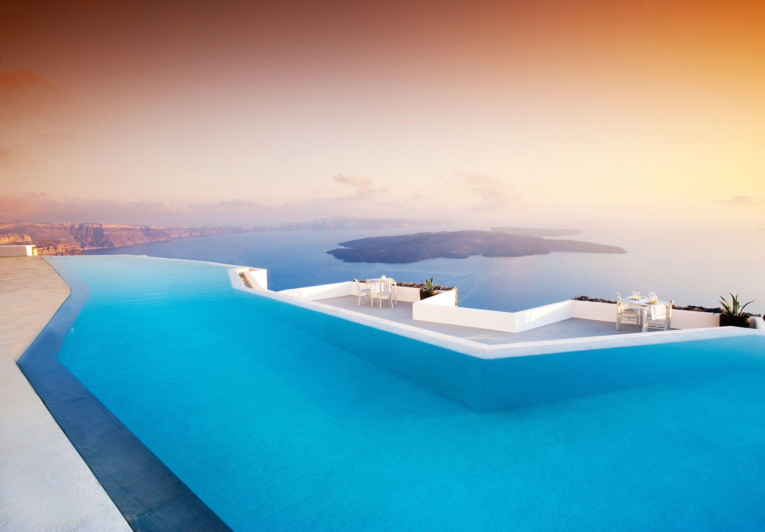 Santorini, sea, resort, swimming pool, beauty, luxury, hd, wallpaper