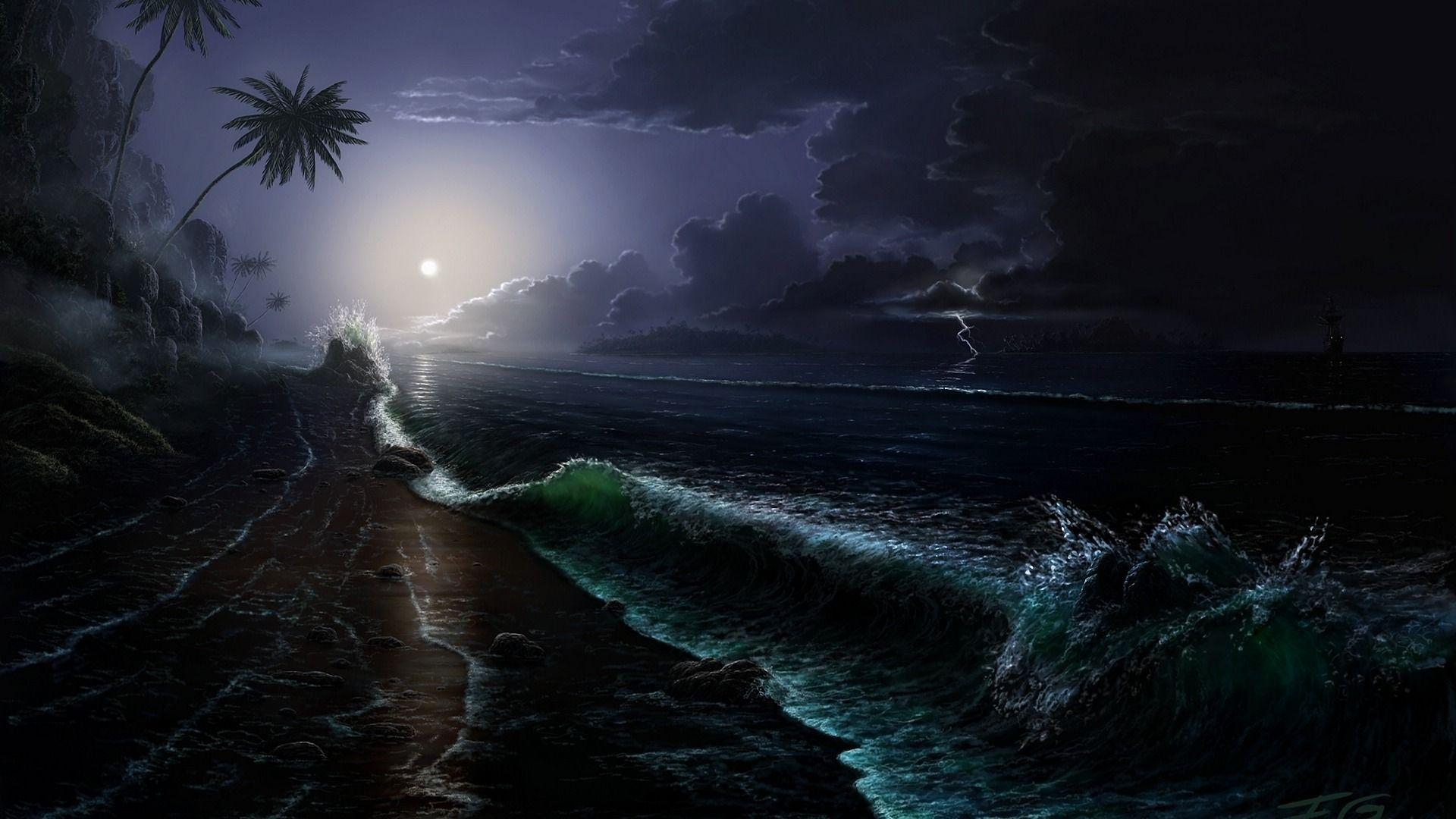 Download Wallpaper sea tropics black clouds night wave palm
