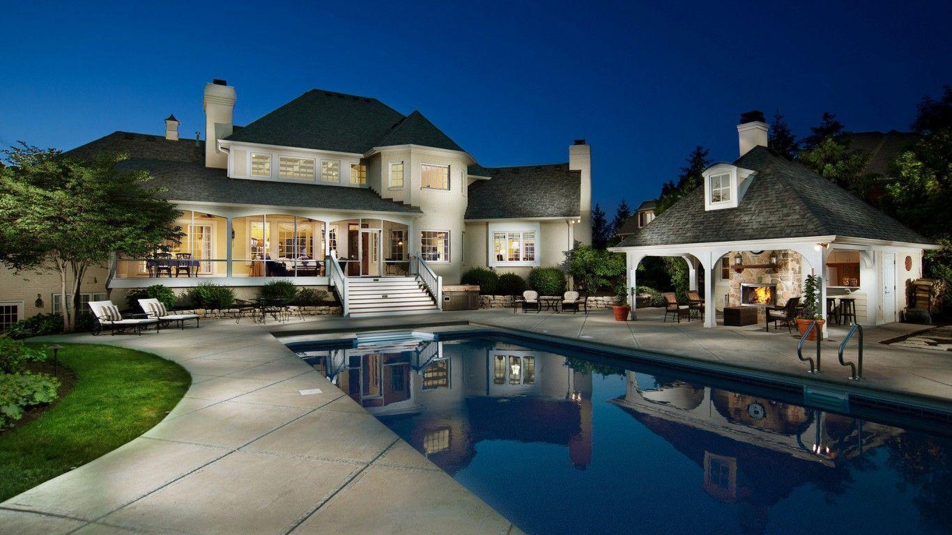 Houses Luxury House Night Pool Beautiful Home Picture For Desktop