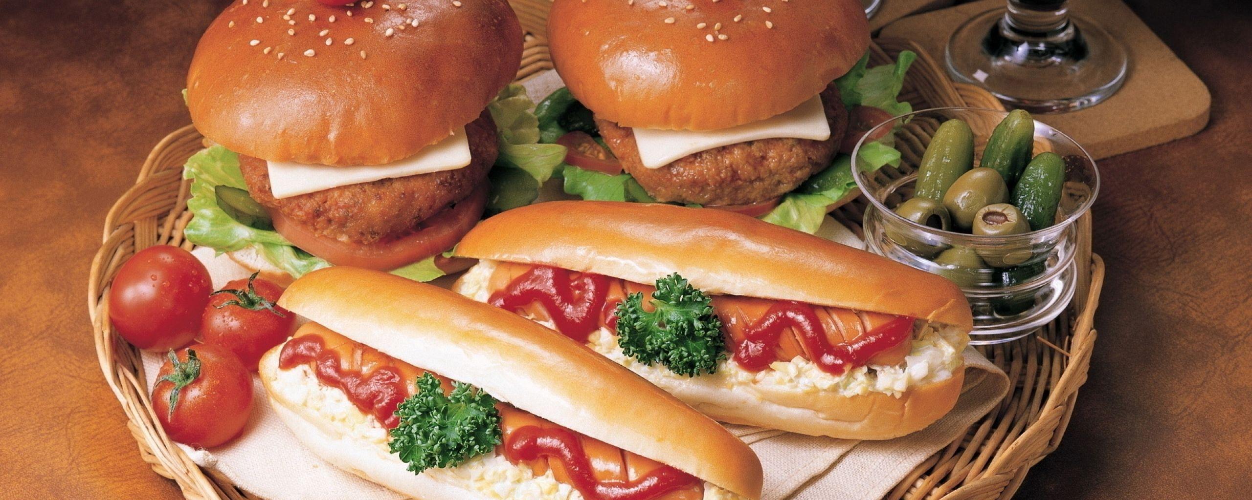 Download Wallpaper 2560x1024 Hamburger, Hot dogs in dough