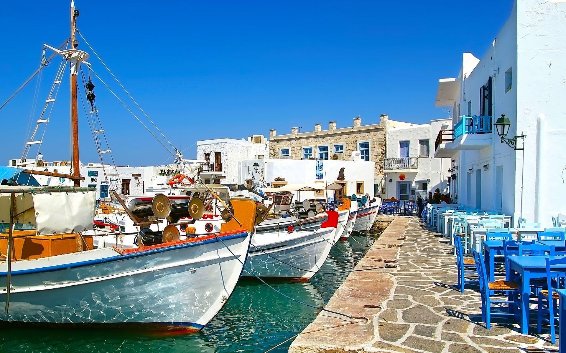 Boat Boats Greece Scenic Marina Building Wharf Water HD Graceful
