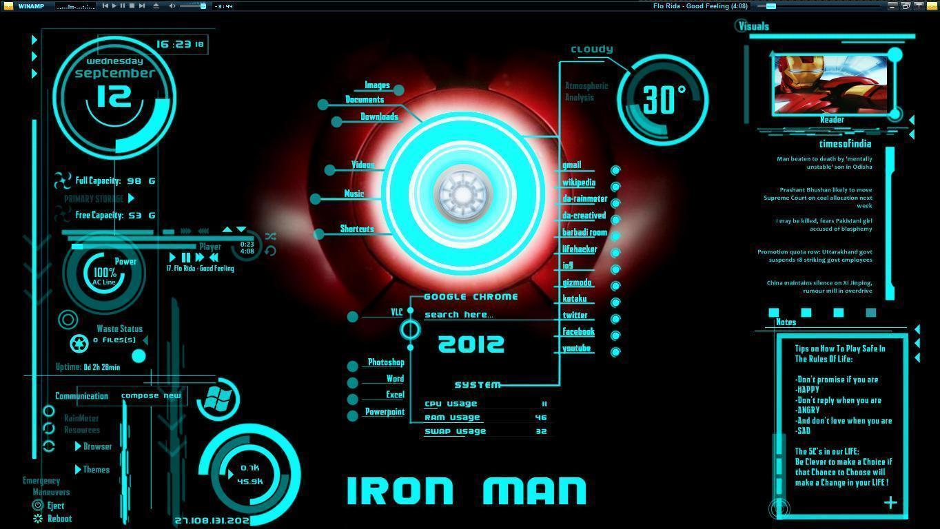 JARVIS + Iron Man, Blue Rainmeter Theme