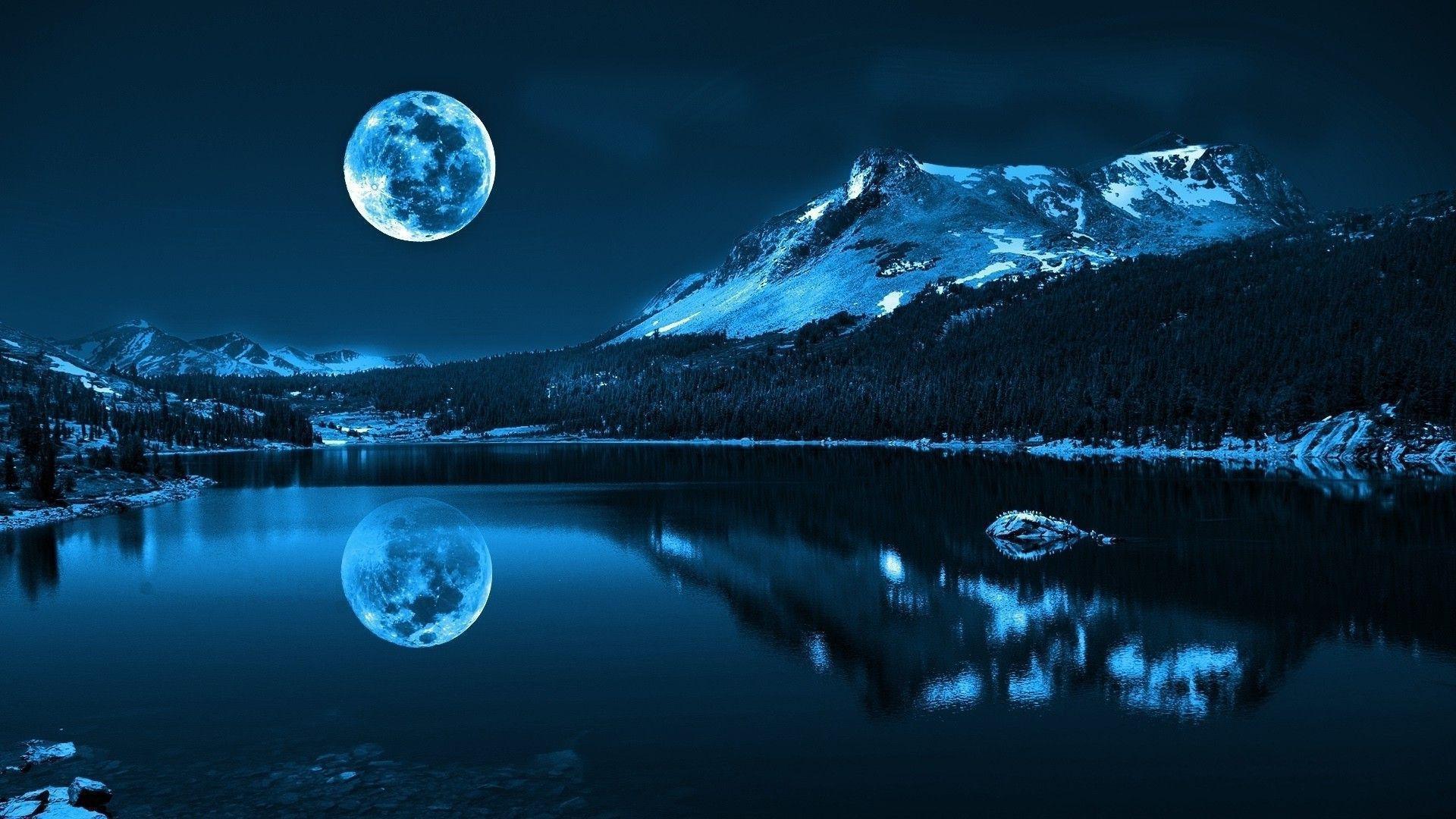 blue, Night, Forest, Trees, Water, Cold, Moon, Mountain, Lake