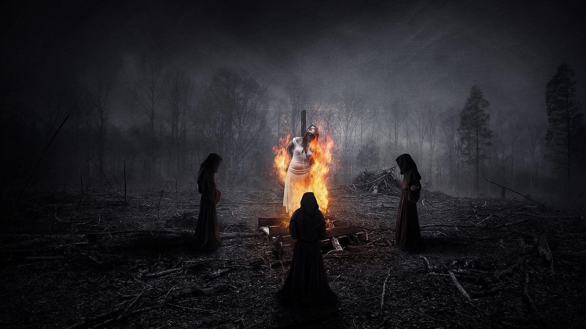 witch on fire people clothing three ritual forest night HD wallpaper