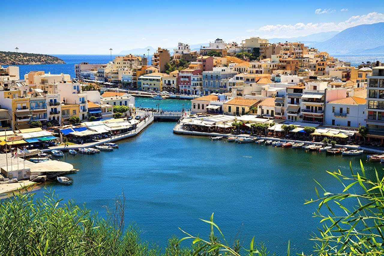 image Greece Agios Nikolaos Crete Coast Boats Marinas Motorboat
