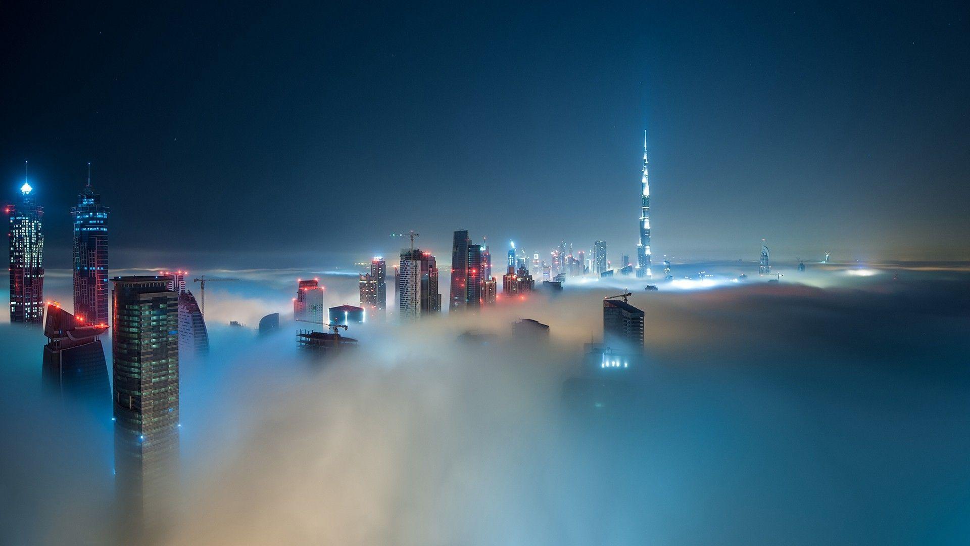 Mysterious landscape metropolis in the fog HD Desktop Wallpaper