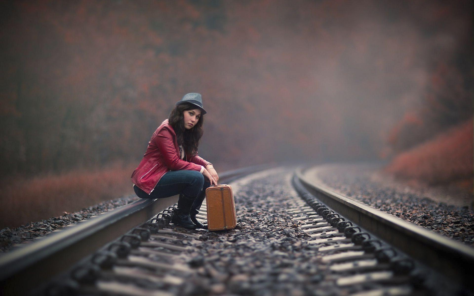 Alone girl on the railway track. HD Wallpaper Rocks