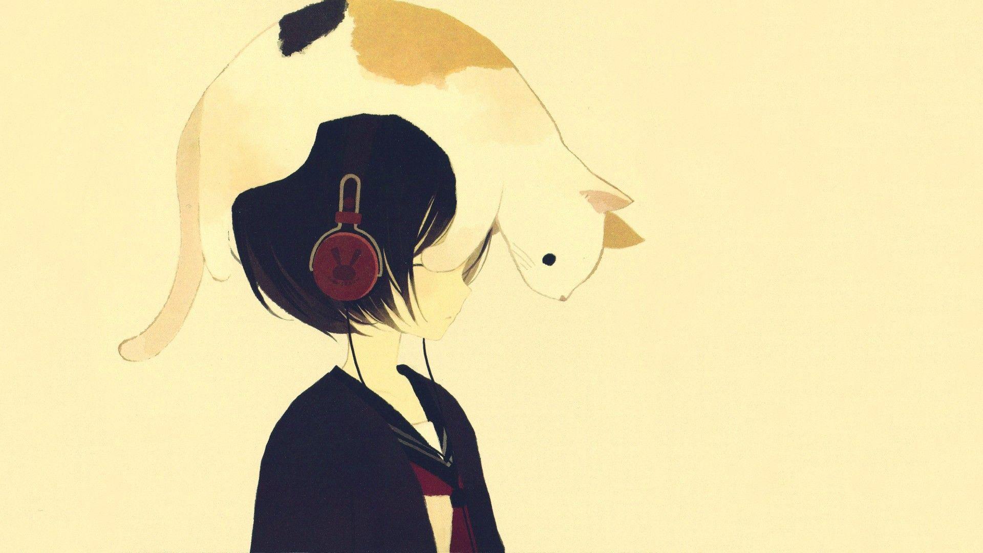 Cat on the head of the girl anime wallpaper and image
