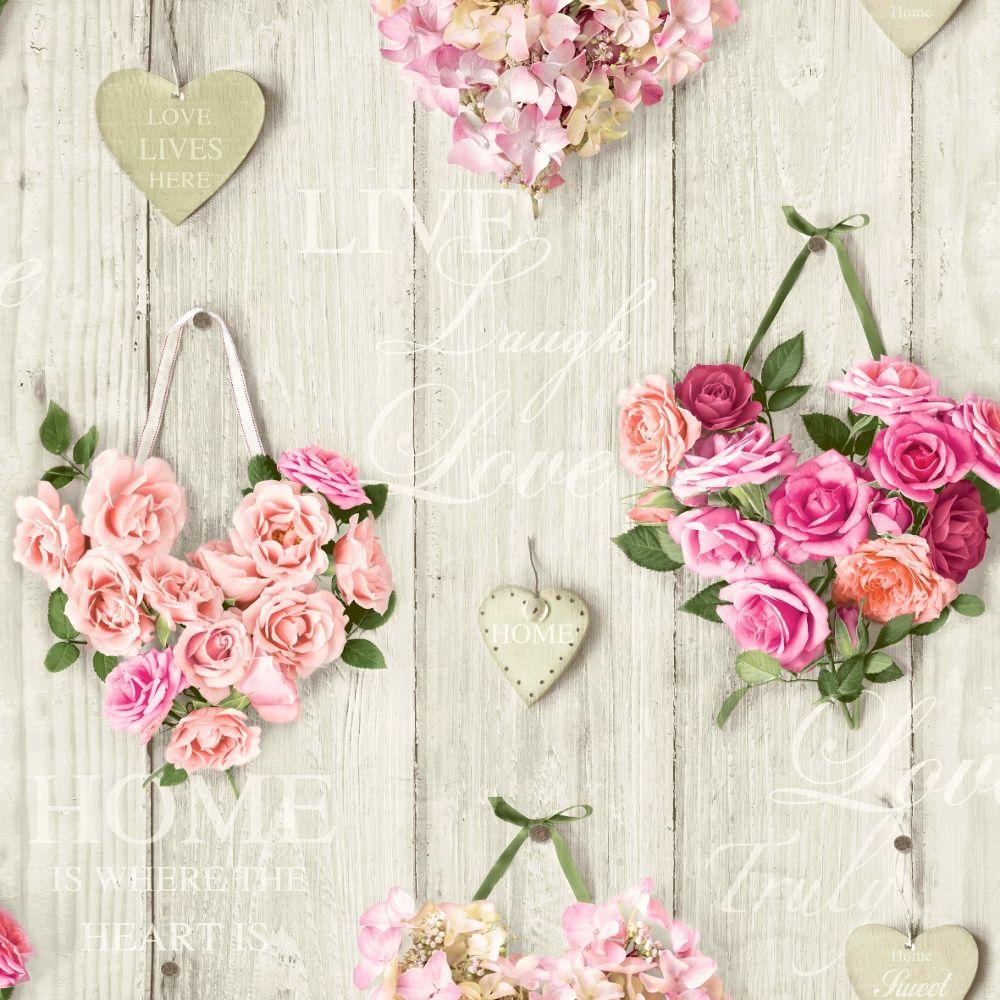 Grandeco Vintage Hearts Wood Beam Pattern Rose Floral Motif