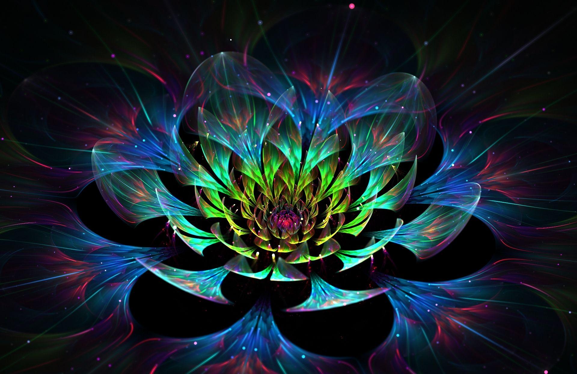 fractal flower, abstract, petals, glitter, lights, art, 3D, fullscreen