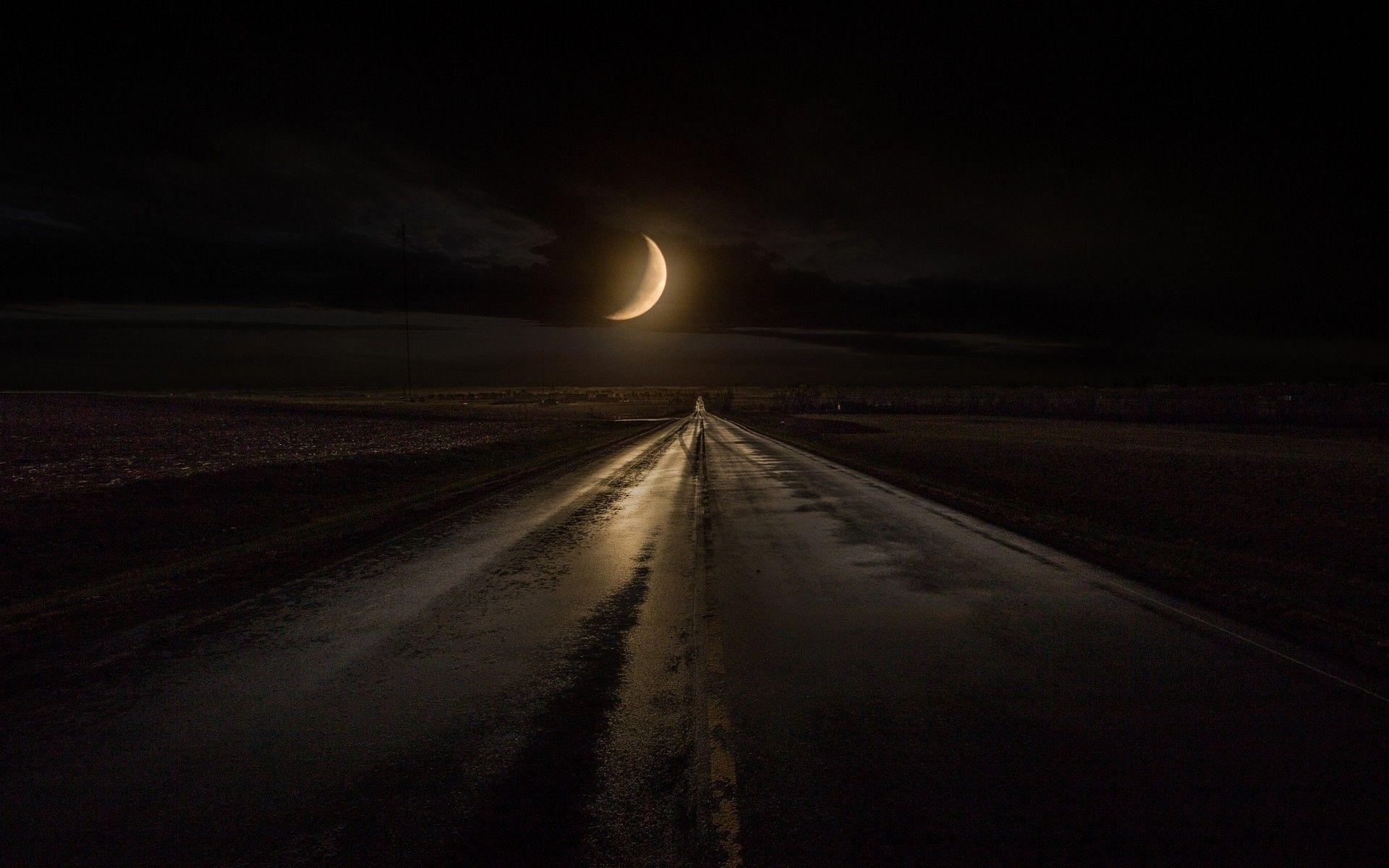 nature, Landscape, Rain, Highway, Road, Moon, Iowa, Midnight, Sky