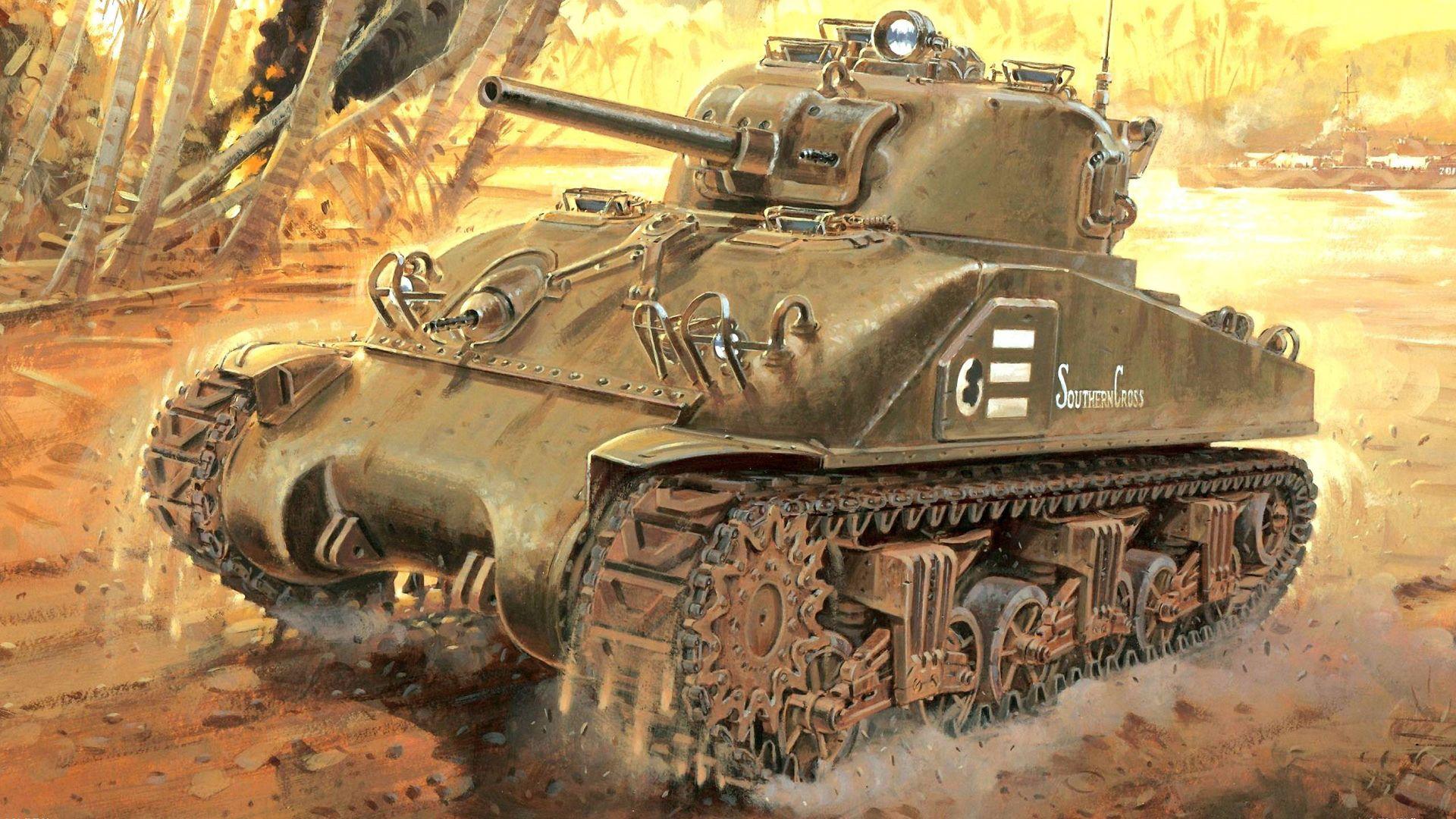Army Tanks Painting Art M4 Sherman 1920x1080