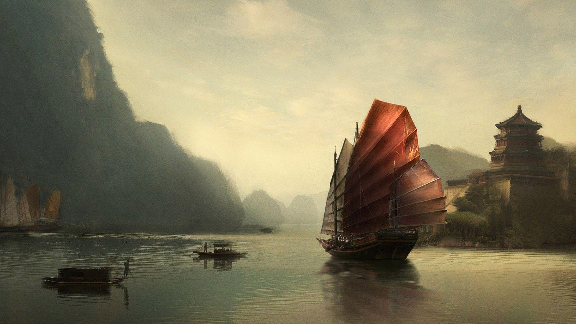 Chinese boat wallpaper. Art. Chinese boat, Boating