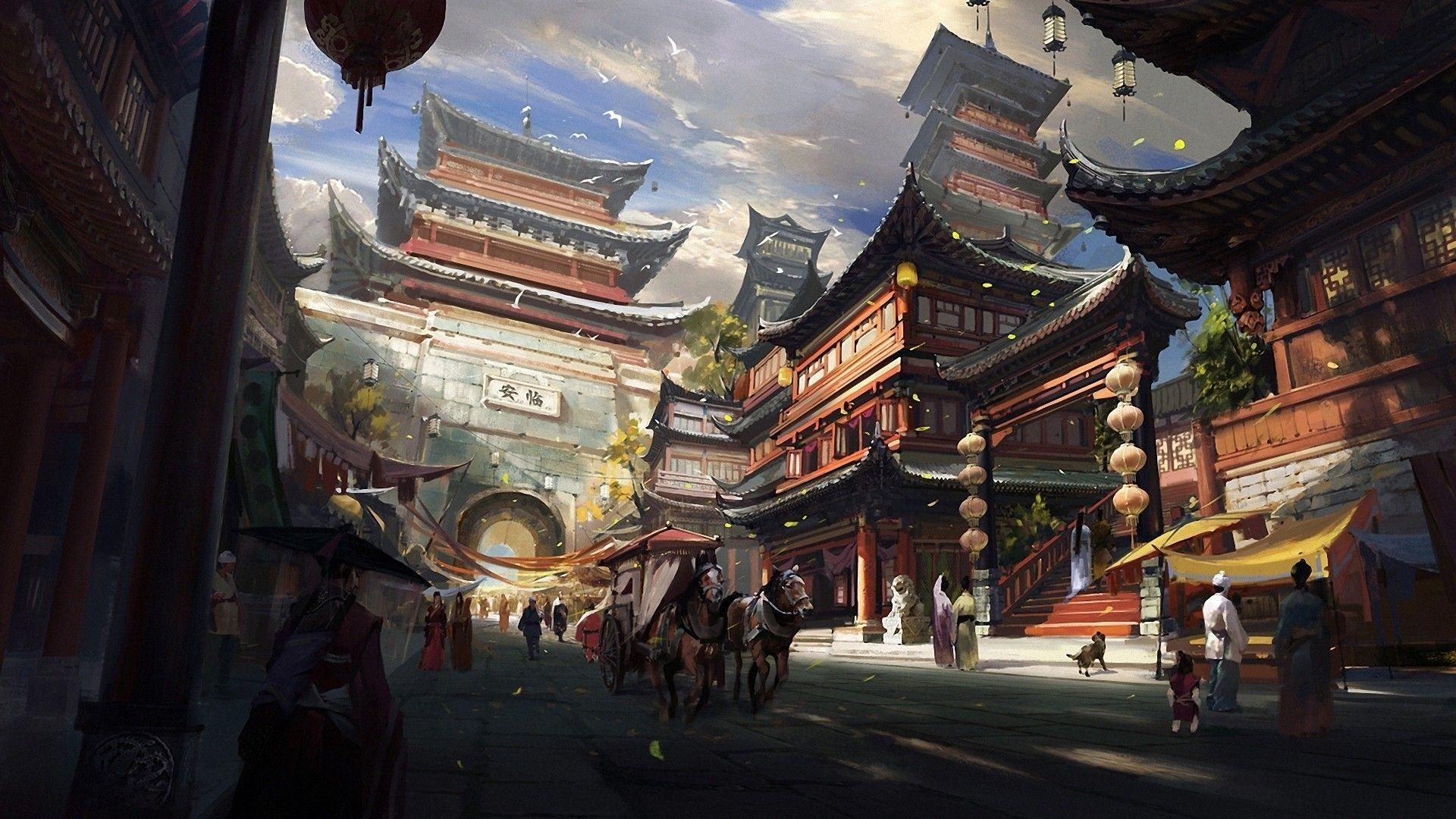 people, Chinese style, Fantasy art, Asian architecture, Town