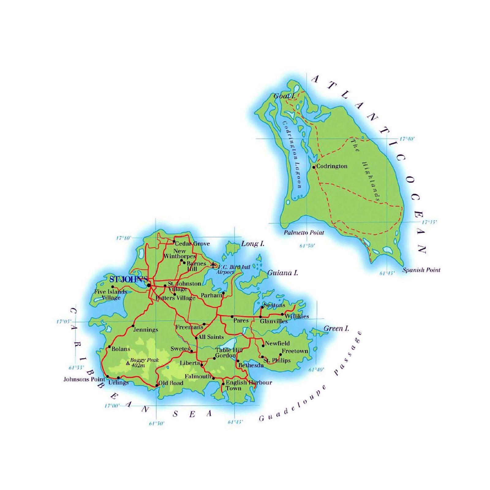Detailed road map of Antigua and Barbuda. Antigua and Barbuda