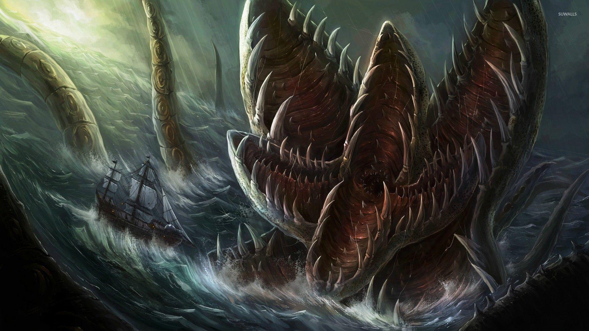 Sea monster attacking the sailing ship wallpapers.