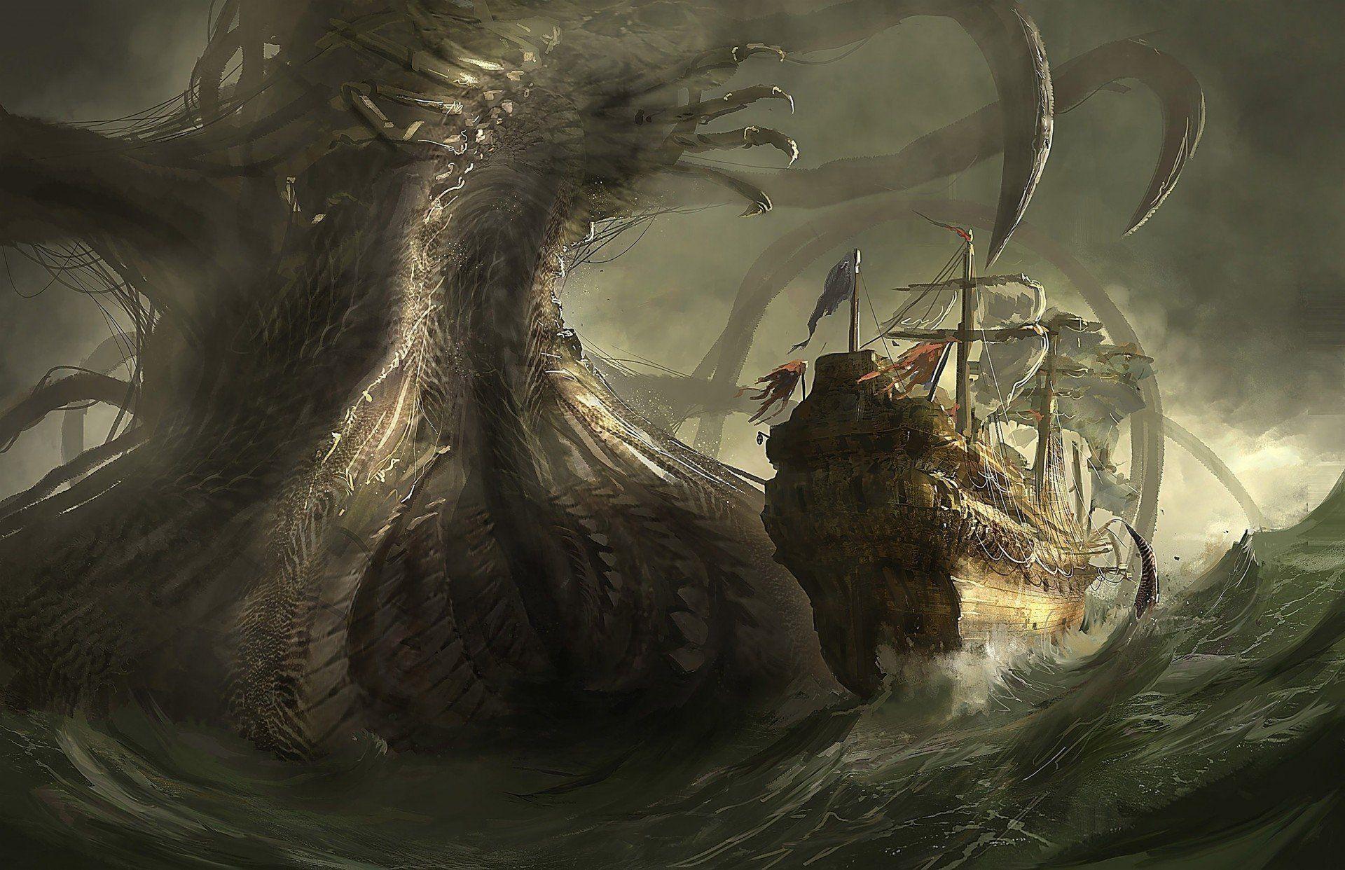 ship giant sea monster art HD wallpaper